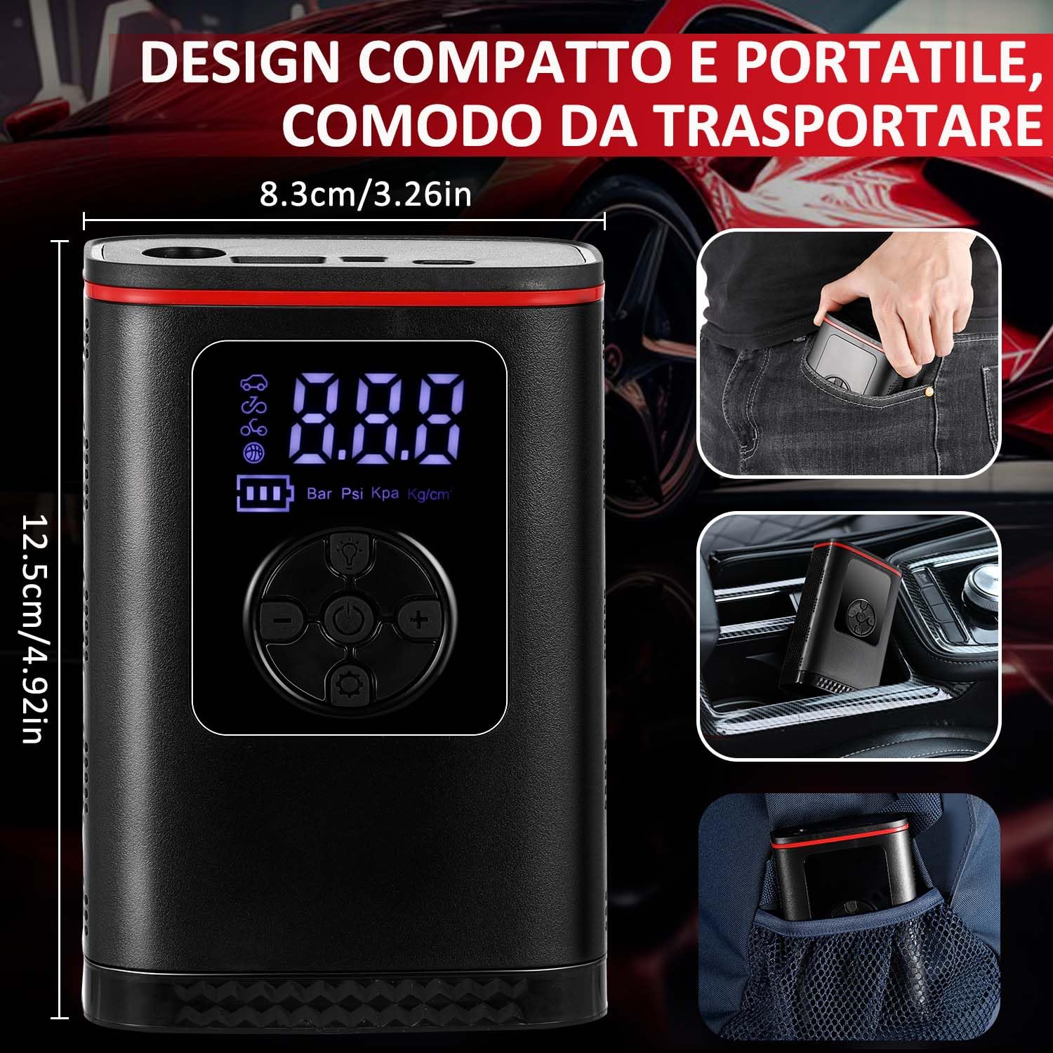 Hancaner Mini Compressore Aria Portatile, Compressore Aria Portatile Auto150PSI 7.4V 6000mAh con 4 Unità di Misurazione Della Pressione Display LCD per Auto, Bici, Moto, Scooter e Pallone.