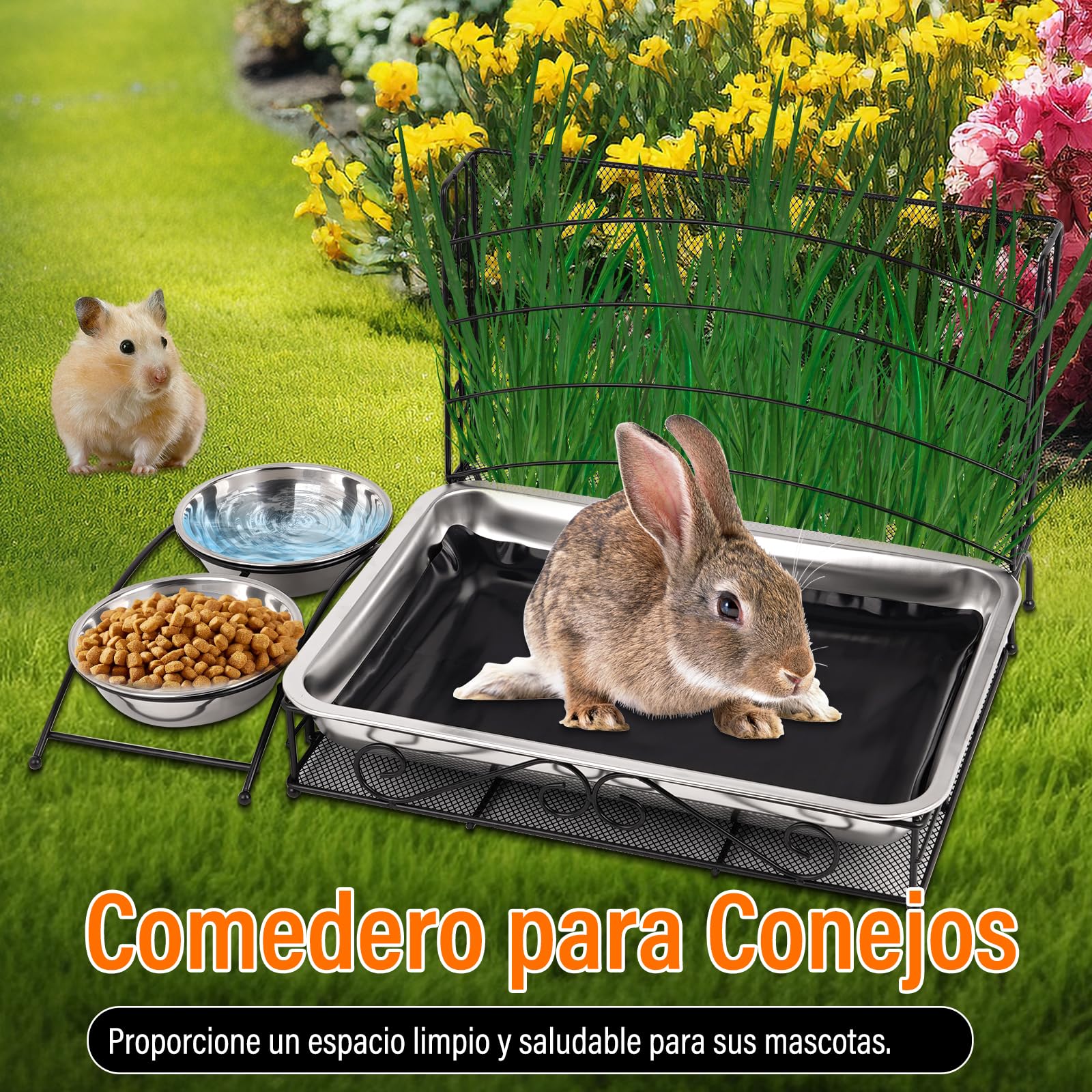 Comedero Para Conejos, Henero MetáLico Para Conejos con Alfombrilla Impermeable y Bebedero Dispensador Para Hamsters, PequeñOs Animales DoméSticos Comedero AutomáTico