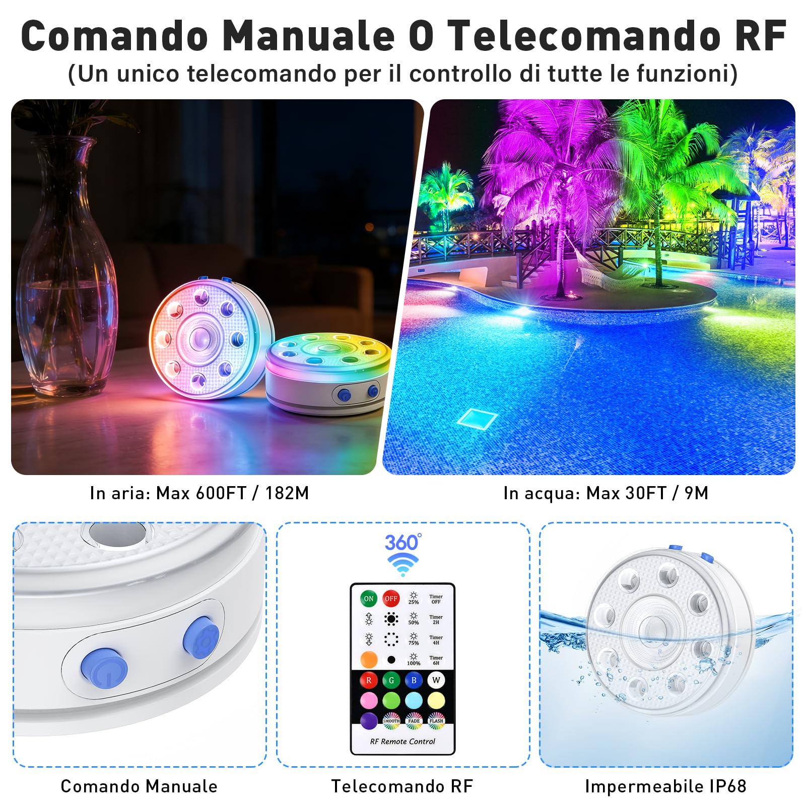 Luci per Piscina Fuori Terra Galleggianti Ricaricabile con Telecomando, 16 Colori Luce LED RGB Subacquea Impermeabile IP68 per Acquario Laghetto Giardino Festa, 2 Pezzi