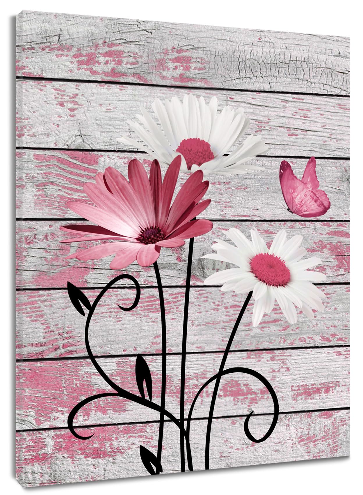 HVEST Farmhouse Pink Floral Wall Art for Bathroom, Pink and White Daisy Butterfly on Rustic Wood Canvas Wall Art Nature Flower Pictures for Living