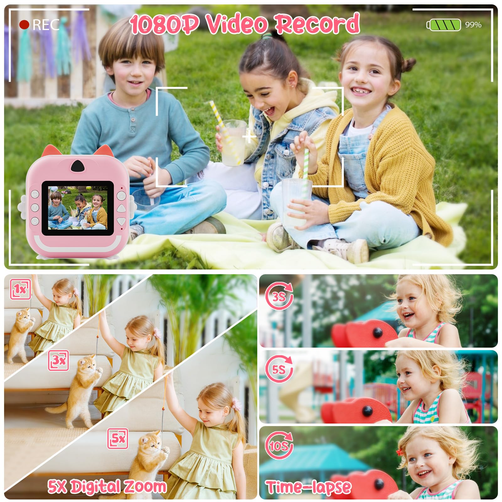 Macchina Fotografica Bambini Istantanea, Potuem 2.4 Pollici Digitale Fotocamera Bambini con 32GB Scheda TF, 6 Penne Colorate, 24MP/1080P Fotocamera Istantanea per Bambini, Regalo di Compleanno