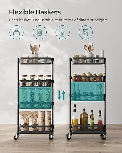 Miniatura 4 de SONGMICS Carrito de almacenamiento delgado, carrito de metal de 4 niveles con ruedas, cestas flexibles, carrito estrecho para cocina, baño,