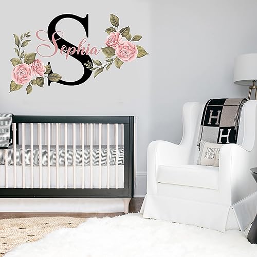 Miniatura 4 de waldo WM33 - Calcomanía de pared con nombre e inicial de peonías, decoración de pared para niños, calcomanía de pared extraíble con nombre