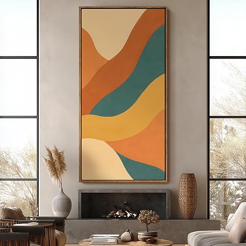 Miniatura 4 de wall26 Lienzo enmarcado extra grande para pared, diseño de ondas abstractas retro en naranja, amarillo y verde azulado, obra de arte contemporánea