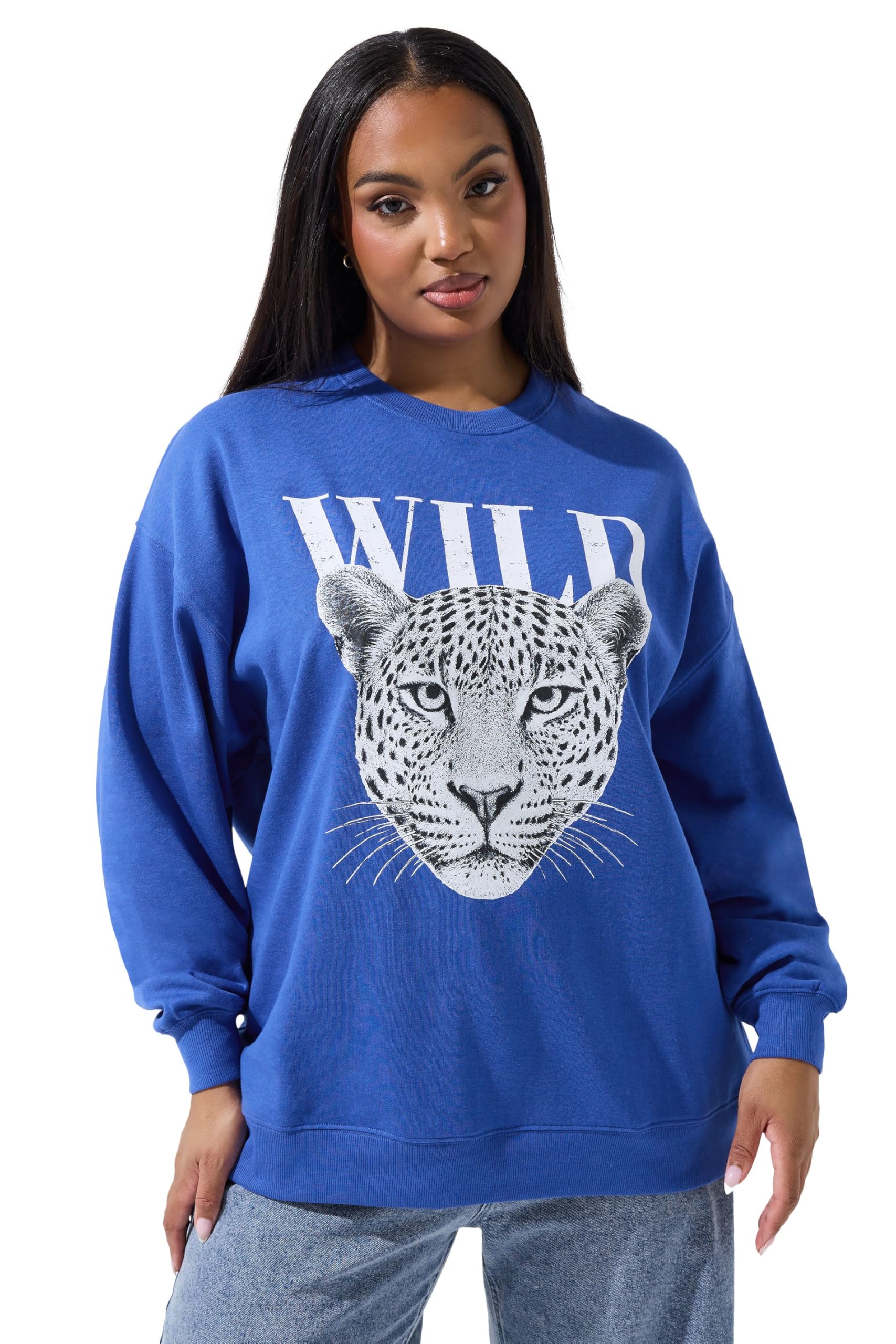 Yours Women's Blue Limited Collection Curve 'Wild' Leopard Graphic Sweatshirt - Plus Size Curve
