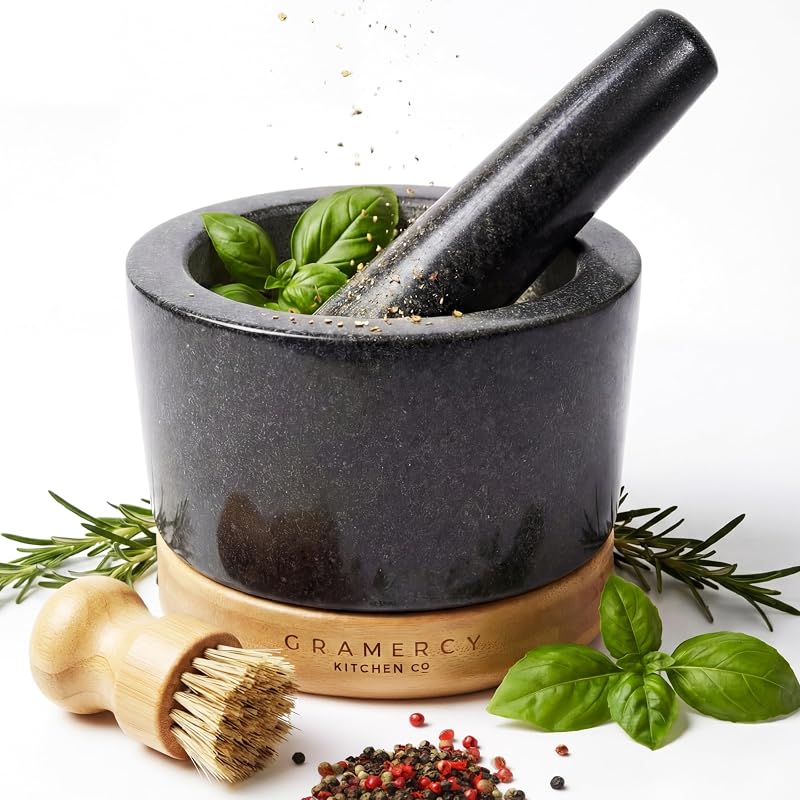 Gramercy Mortar and Pestle Set, Heavy Duty Granite Stone Grinder, 1.5-Cup | Elegant Bamboo Base, Non Slip Grips, Extra Long Pestle & Cleaning Brush - Ideal Guacamole Bowl, Herb Grinder & Molcajete Bowl