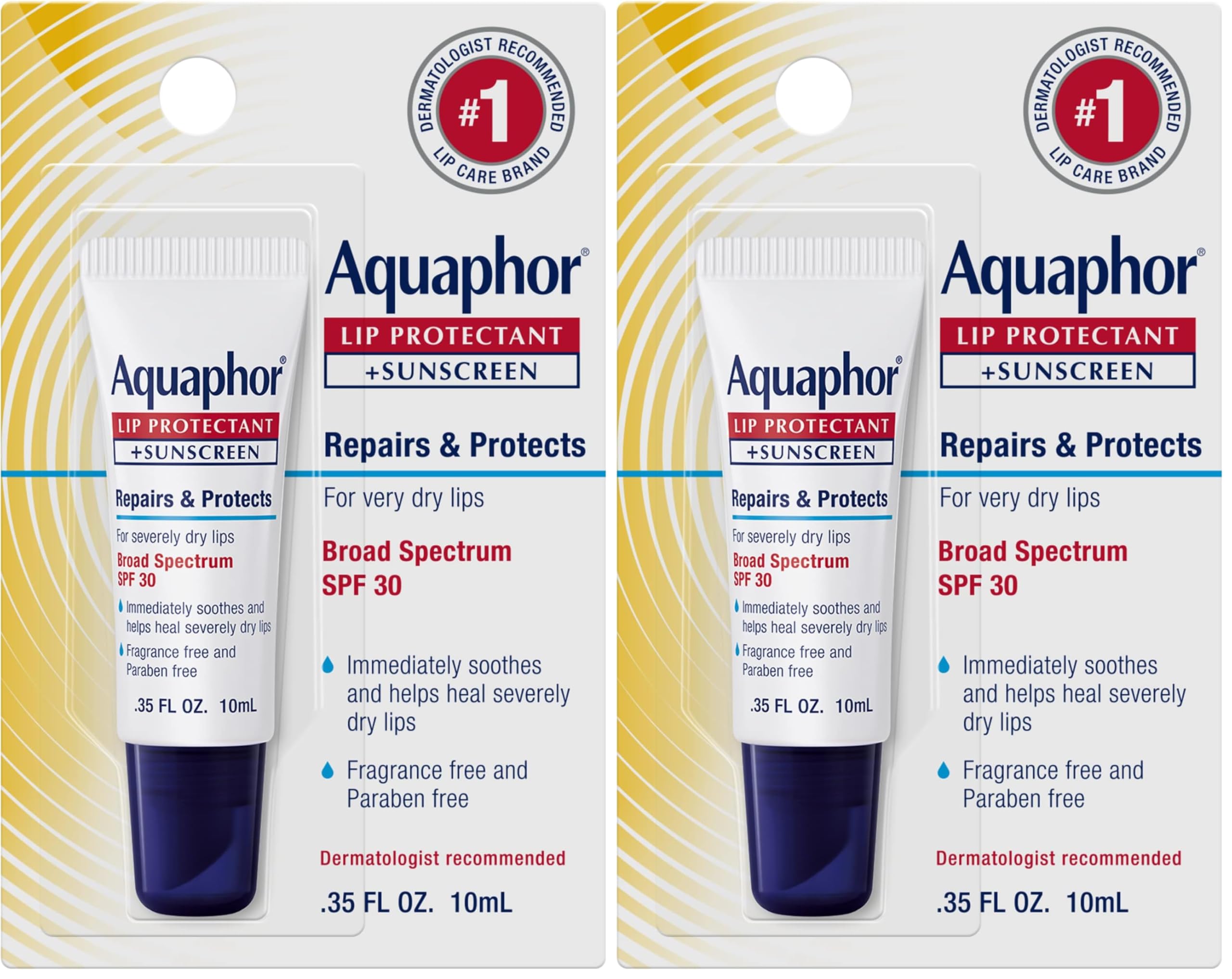 Aquaphor Lip Repair Lip Balm with Sunscreen, Lip Protectant, Lip Balm SPF 30, 0.35 Oz Tube (Pack of 2)
