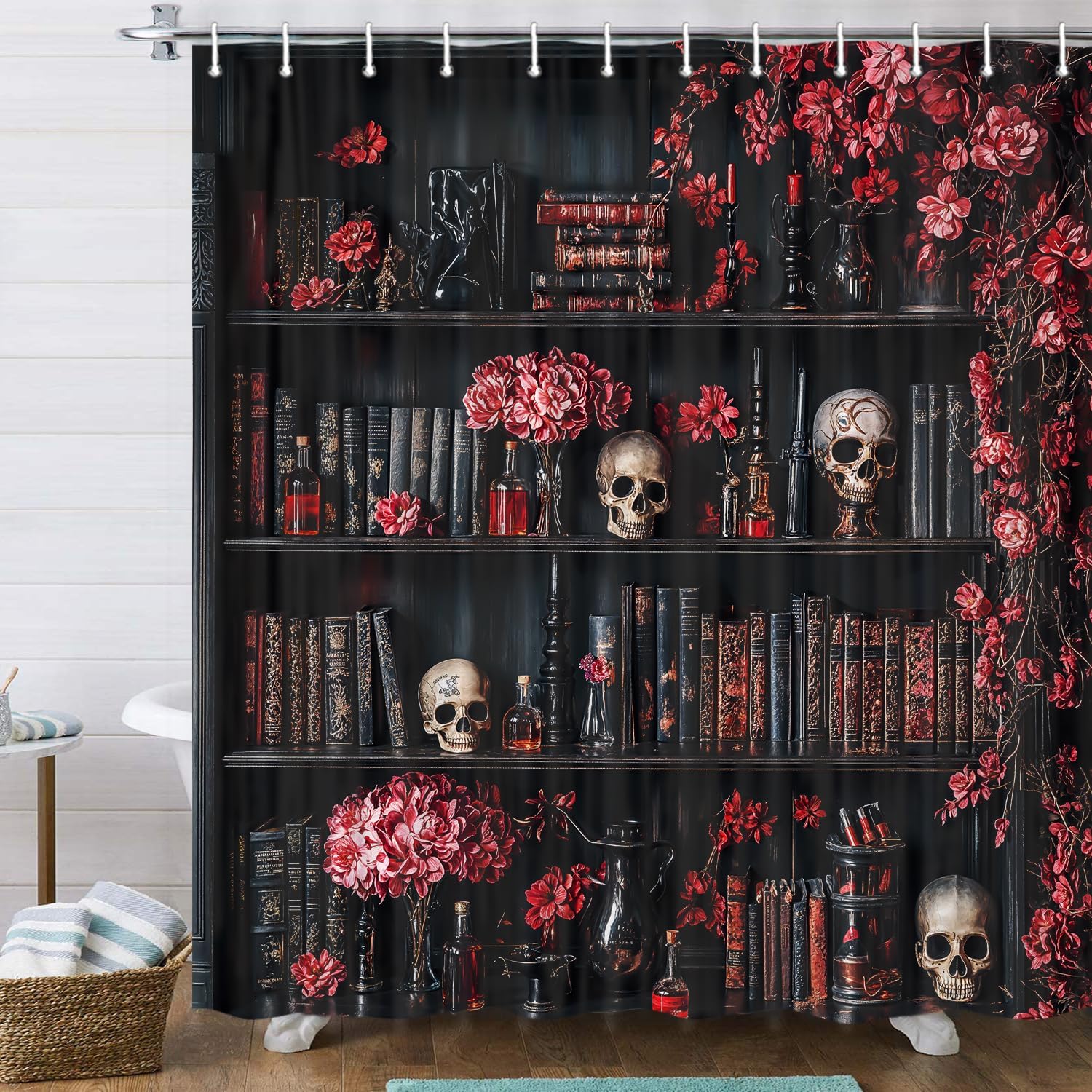 Gothic Skull Shower Curtain Vintage Witchy Spooky Retro Wizard Magic Bookshelf Red Floral Shower Curtains Skeleton Bath Curtain Waterproof Bathroom Decor Polyester Fabric with 12 Hooks, 72X75 Inch