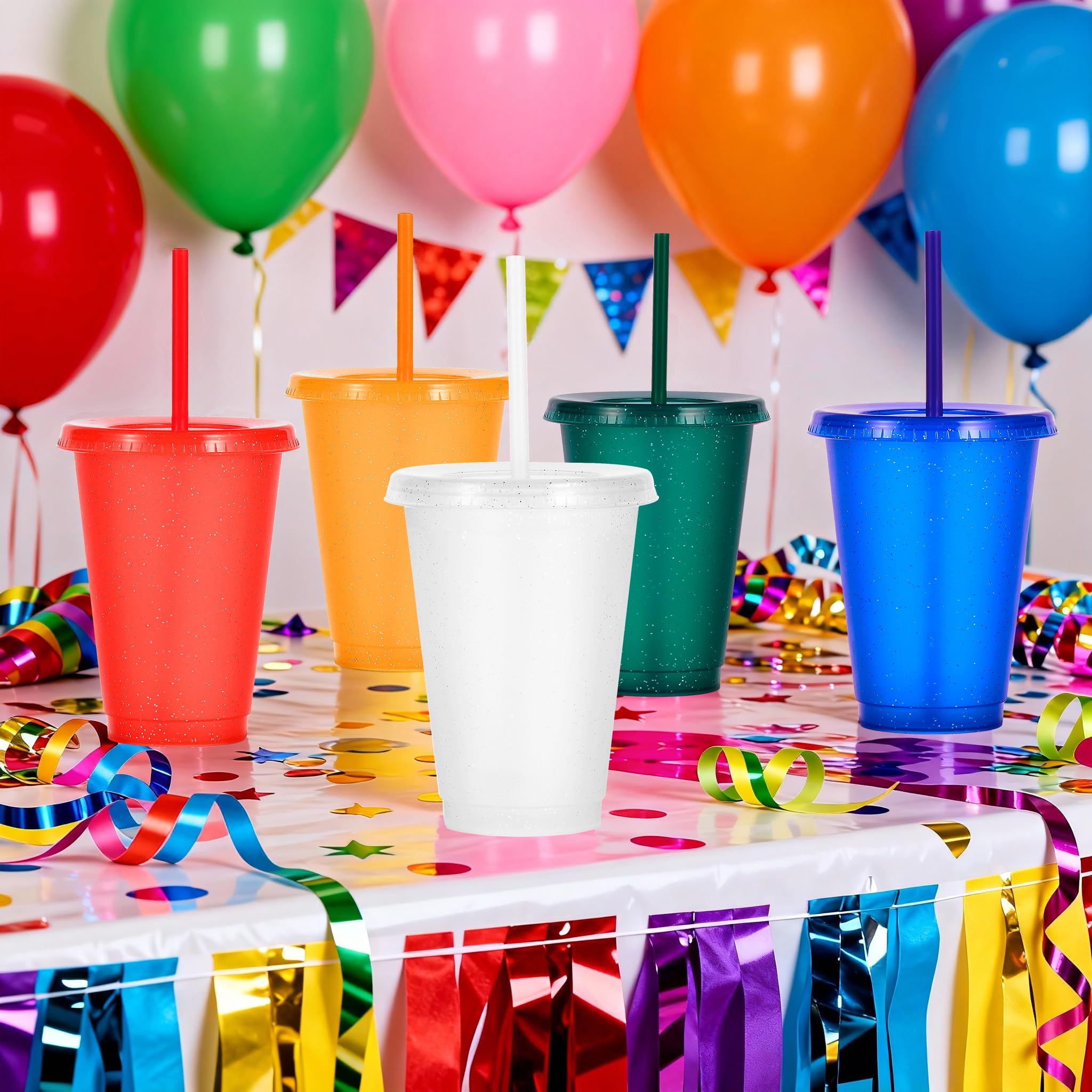 Confezione da 15 bicchieri di plastica riutilizzabili da 480 ml, con coperchio e cannuccia, per bevande fredde, caffè freddo, viaggi e frullati (15, colori glitterati)