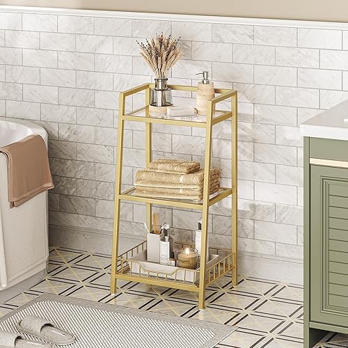 Miniatura 4 de HOOBRO Soporte de estante de vidrio dorado, unidad de estante de pie de 3 niveles, organizador y almacenamiento de baño, estantes de almacenamiento