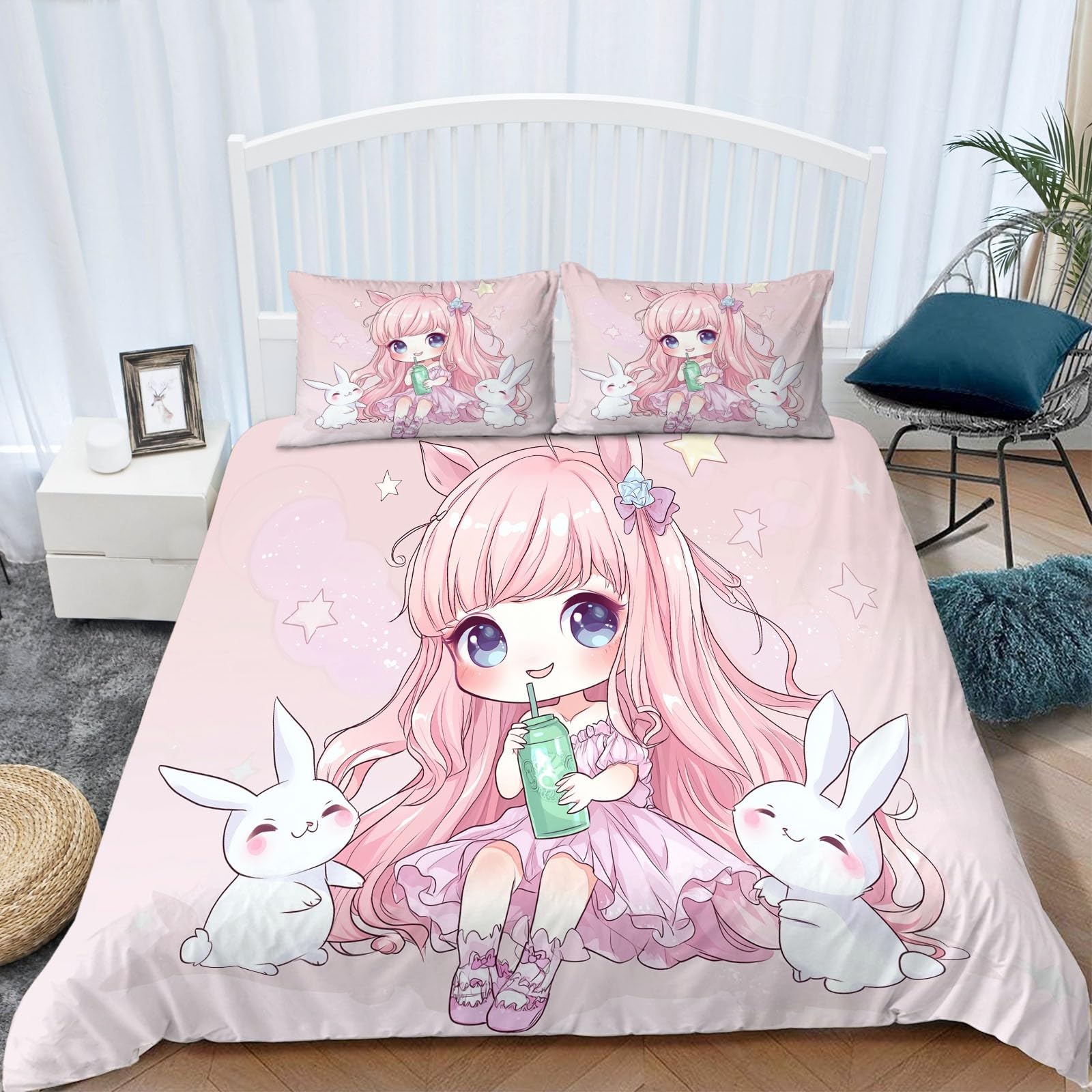 Funda Nordica Infantil para Cama 90 Niña Rosa De Dibujos Animados con Conejito Funda de Edredón de Polialgodón, Juego de Ropa de Cama con Fundas Nordicas 150x200 cm + 2 50x75 cm