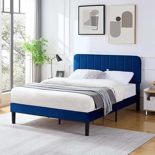 Miniatura 7 de VECELO Base de cama tapizada tamaño Queen con cabecera ajustable, base de colchón con plataforma de terciopelo, soporte de listones de madera
