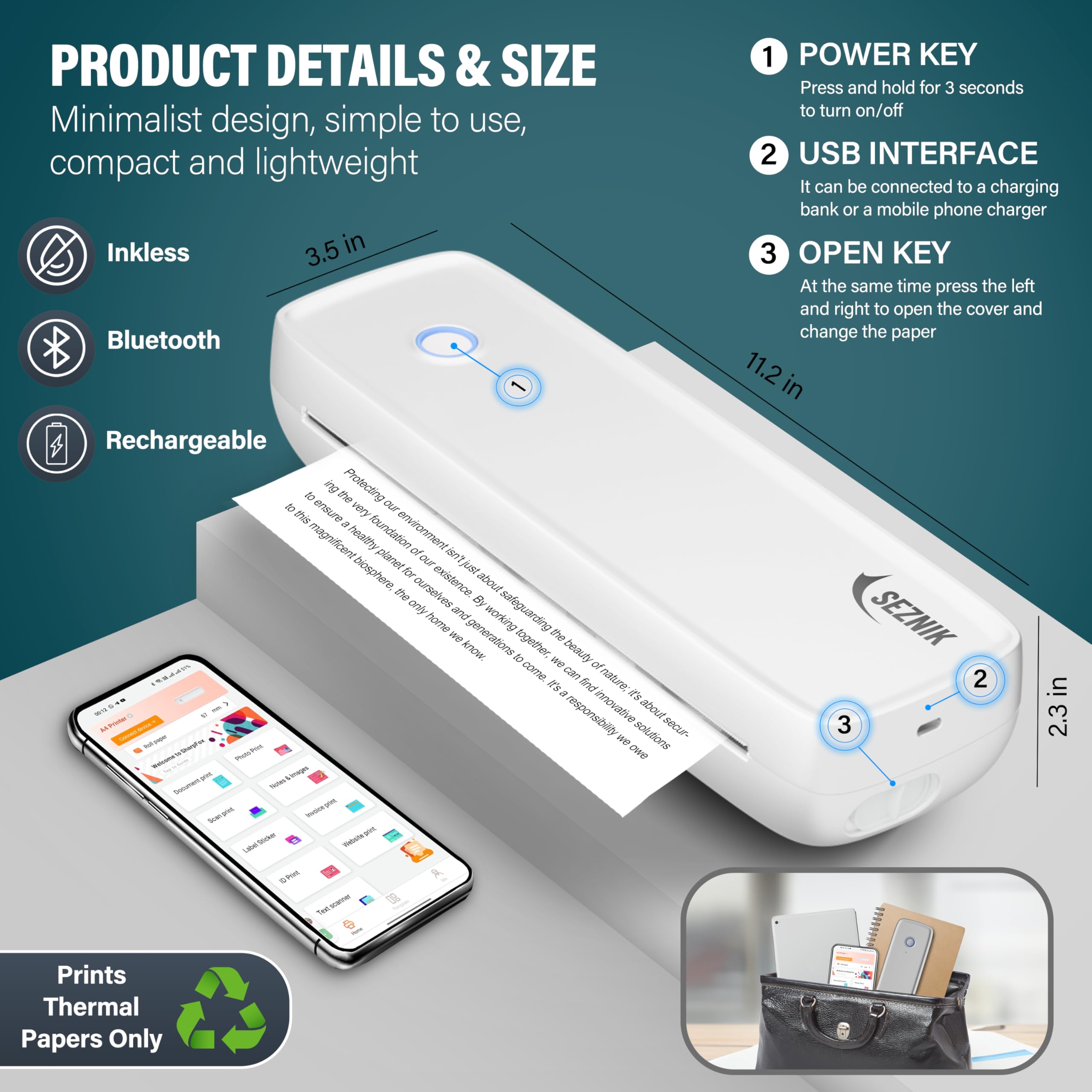 SEZNIK Portable Inkless A4 Thermal Printer | Portable Mini Printer | USB, Bluetooth Printer Android iOS | 1 Year Warranty (ProHD-304dpi-White)