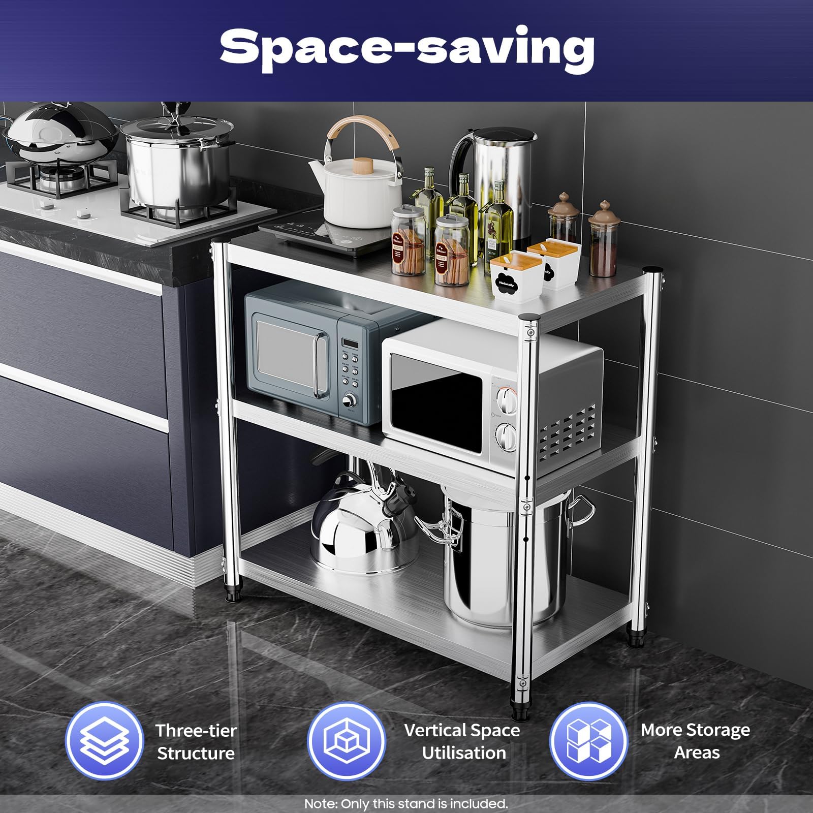 Table de cuisine en acier inoxydable à 3 étages 80 x 80 x 40 cm - Étagère de rangement pour garde-manger, restaurants, cuisines, grandes cuisines - Charge maximale : 50 kg