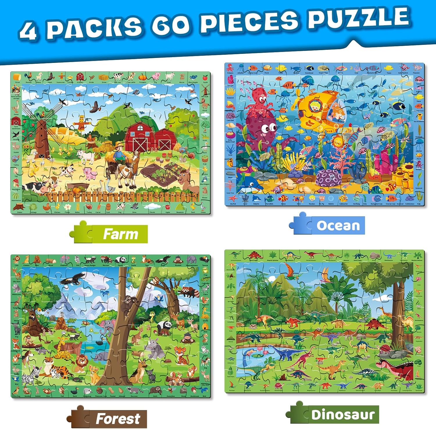 Sitodier Puzzles for Kids Ages 4-6, 4 x 60pcs Dinosaur Farm Forest Animals Ocean World Puzzles for Toddlers 3-5, Educational Search and Find Toy Awesome Gift for 3 4 5 6 7 8 Years Boys Girls Kids