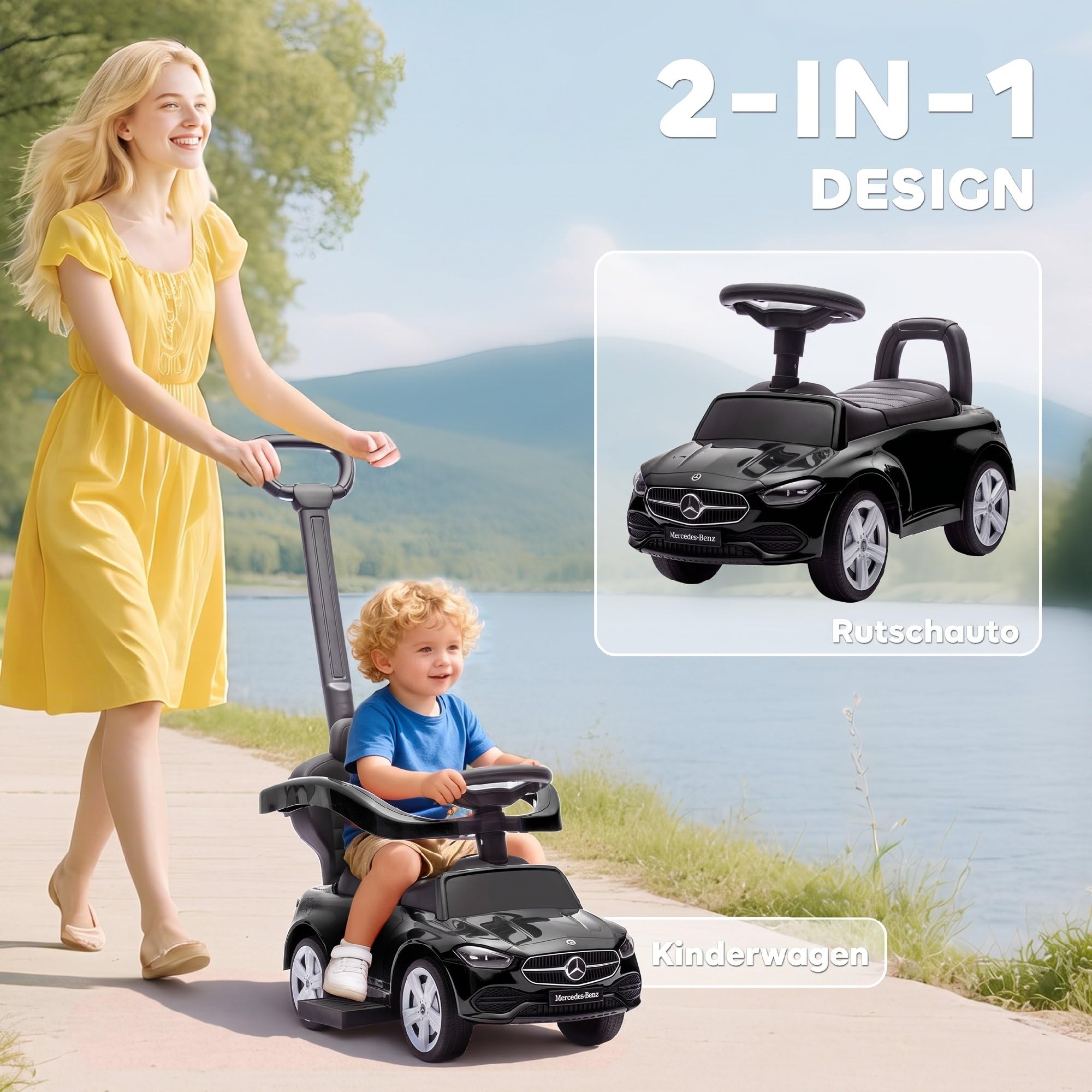 AIYAPLAY Auto jezdne z drążkiem 2-in-1 dzieci 1,5-3 lat Czarny