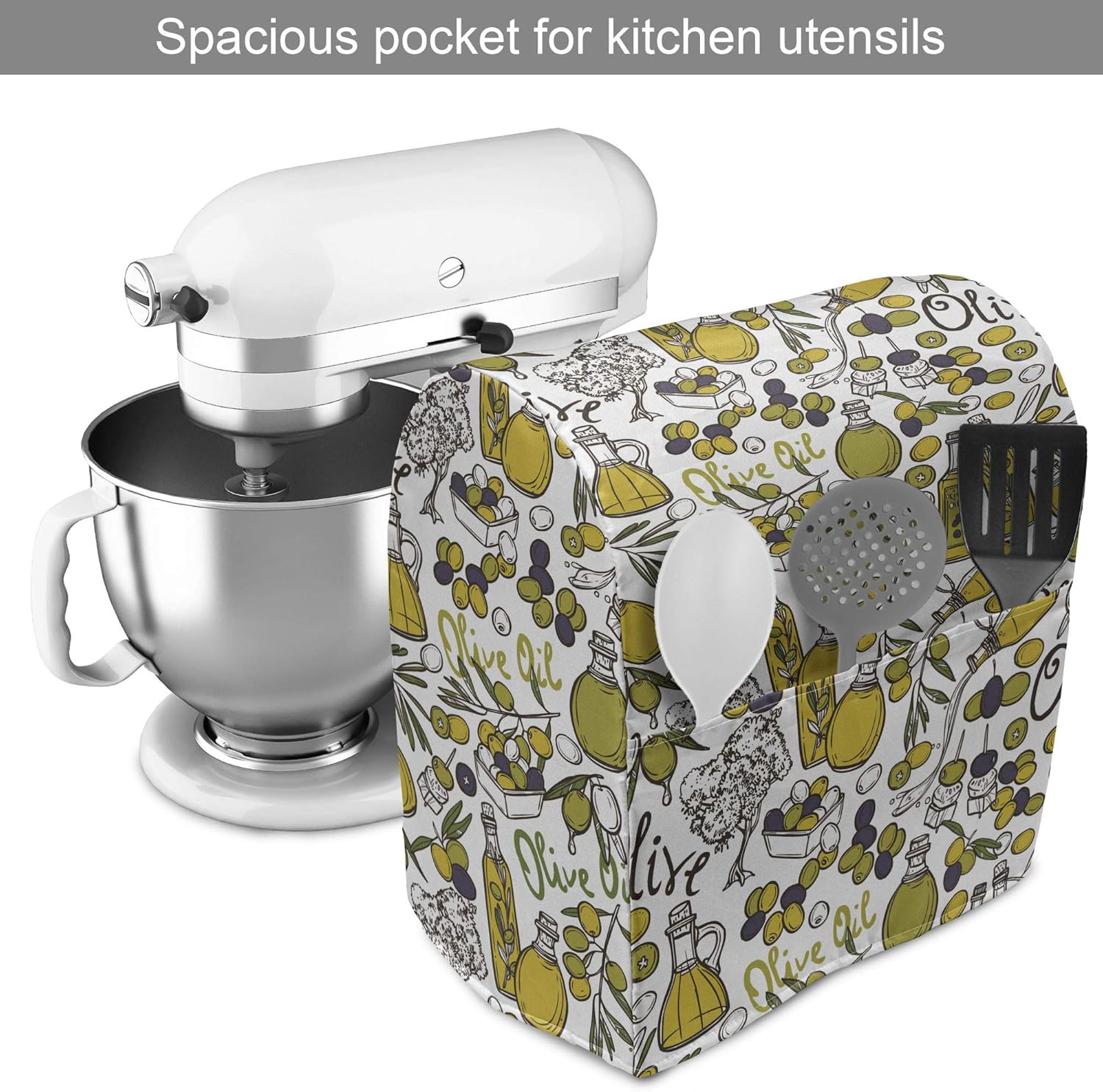 Lunarable Vintage Stand Mixer Cover, Olive Oil Lettering Bottles and Fruit Branches Hand Drawn Illustration, Kitchen Appliance Organizer Bag Cover with a Pocket, 6-8 Quarts, Navy Blue Yellow Green
