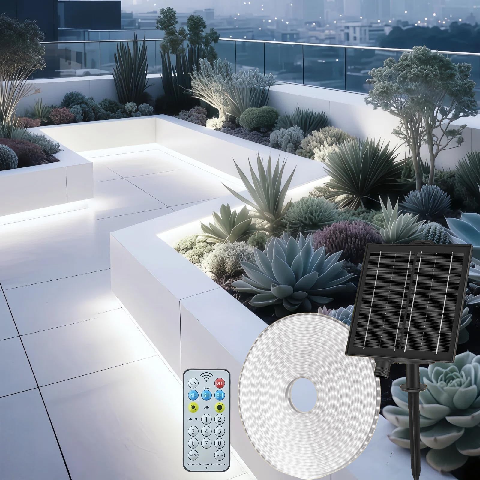 Gaoxun Solar LED Strip Lights Outdoor, 15m Solar Powered Flexible Rope Lights with Remote Control, Dimmable, 8 Modes 960 LED, IP68 Waterproof for Porch Patio Gazebo Window Home Decor, Cool White