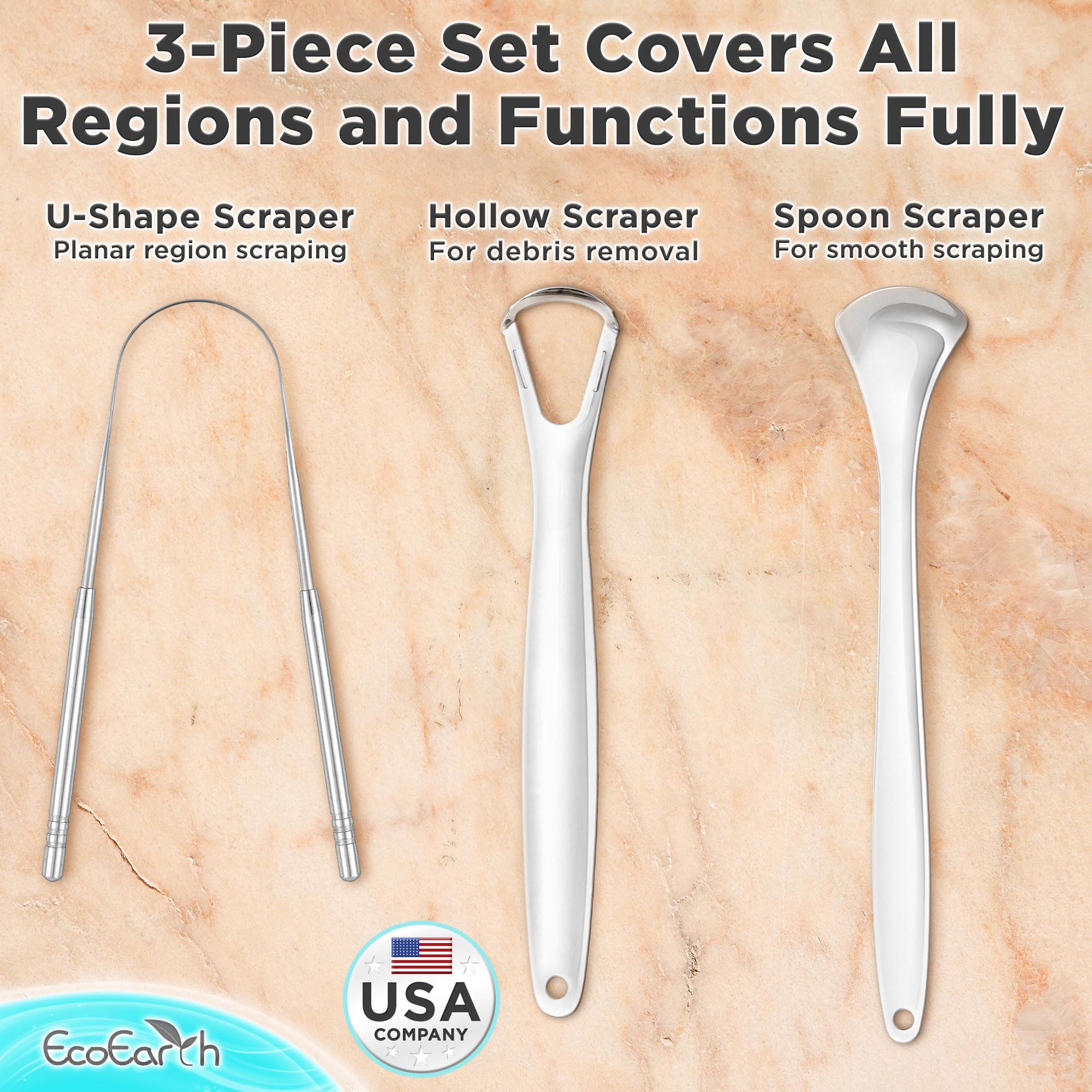 Set of 3 Tongue Scrapers for Adults, Stainless Steel Tongue Scrubber with Storage Case for Oral Hygiene by EcoEarth
