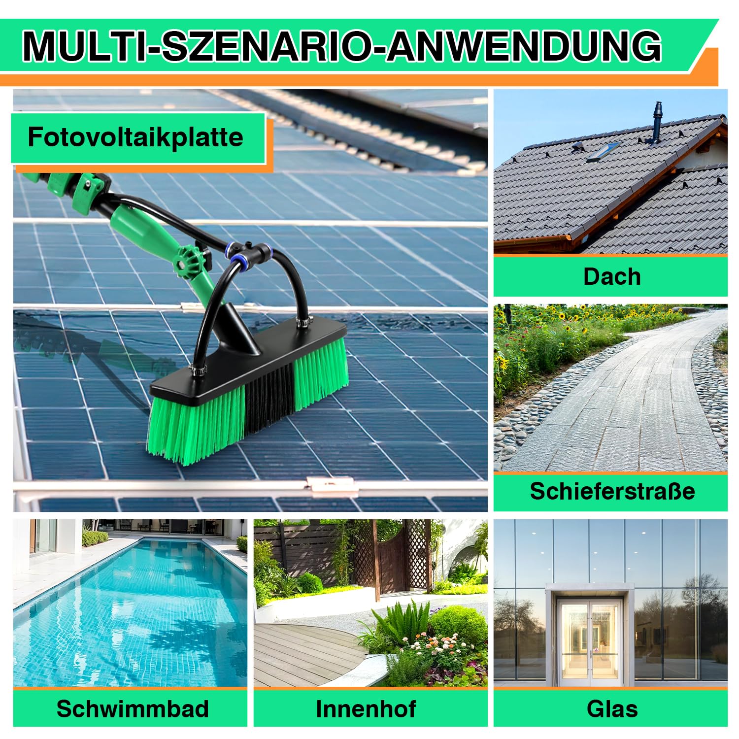 Sonnewelt Cepillo de lavado telescópico de 3,6 m, cepillo de lavado con mango telescópico, limpiador de tejado de terraza, cepillo telescópico con conexión de agua, set de limpieza para PV y limpieza