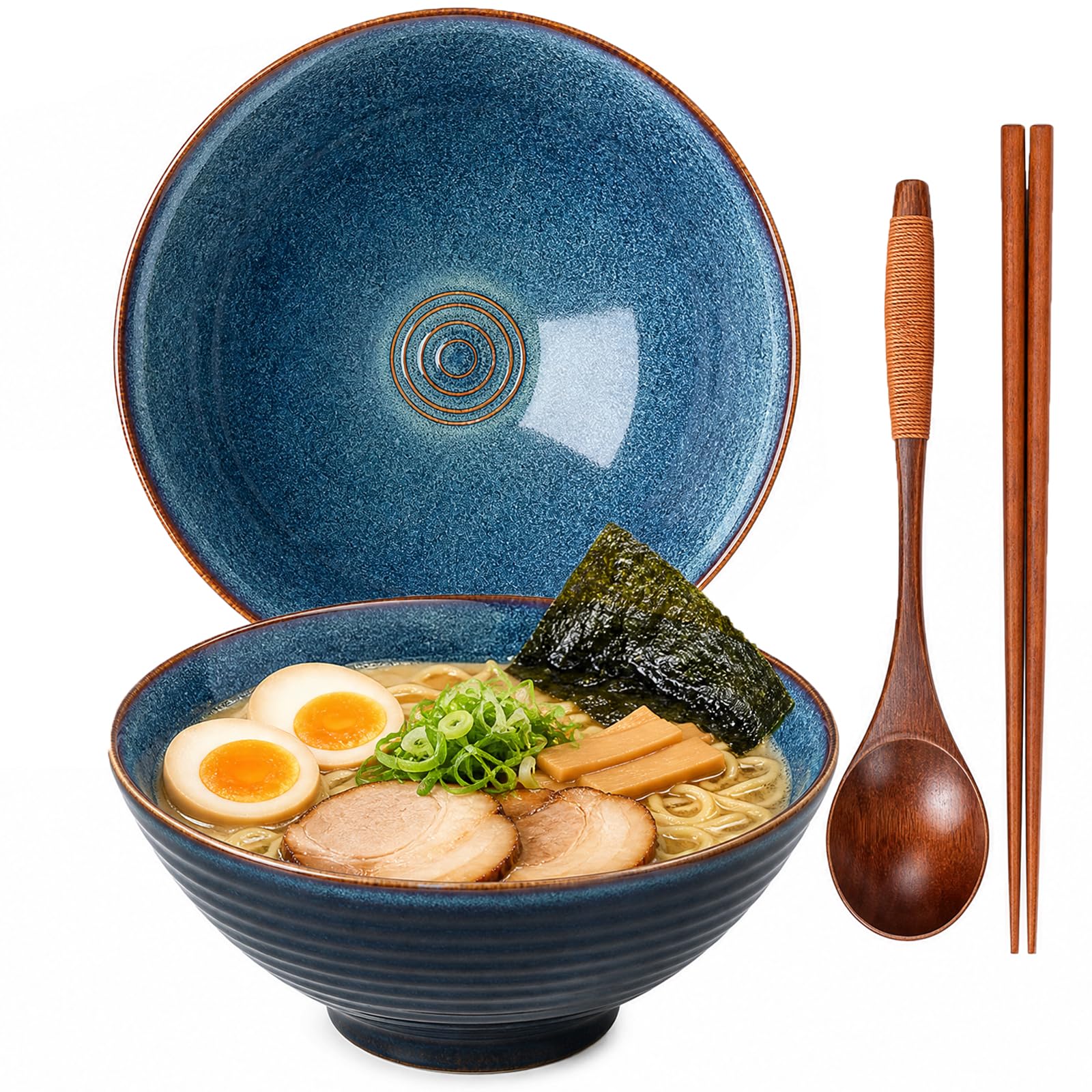 TuYines Ceramic Ramen Bowl, Ramen Bowl Set, Japanese Ramen Bowl with Spoon & Chopsticks, 1200 ml Soup Bowls, SaladBowl (Style M)