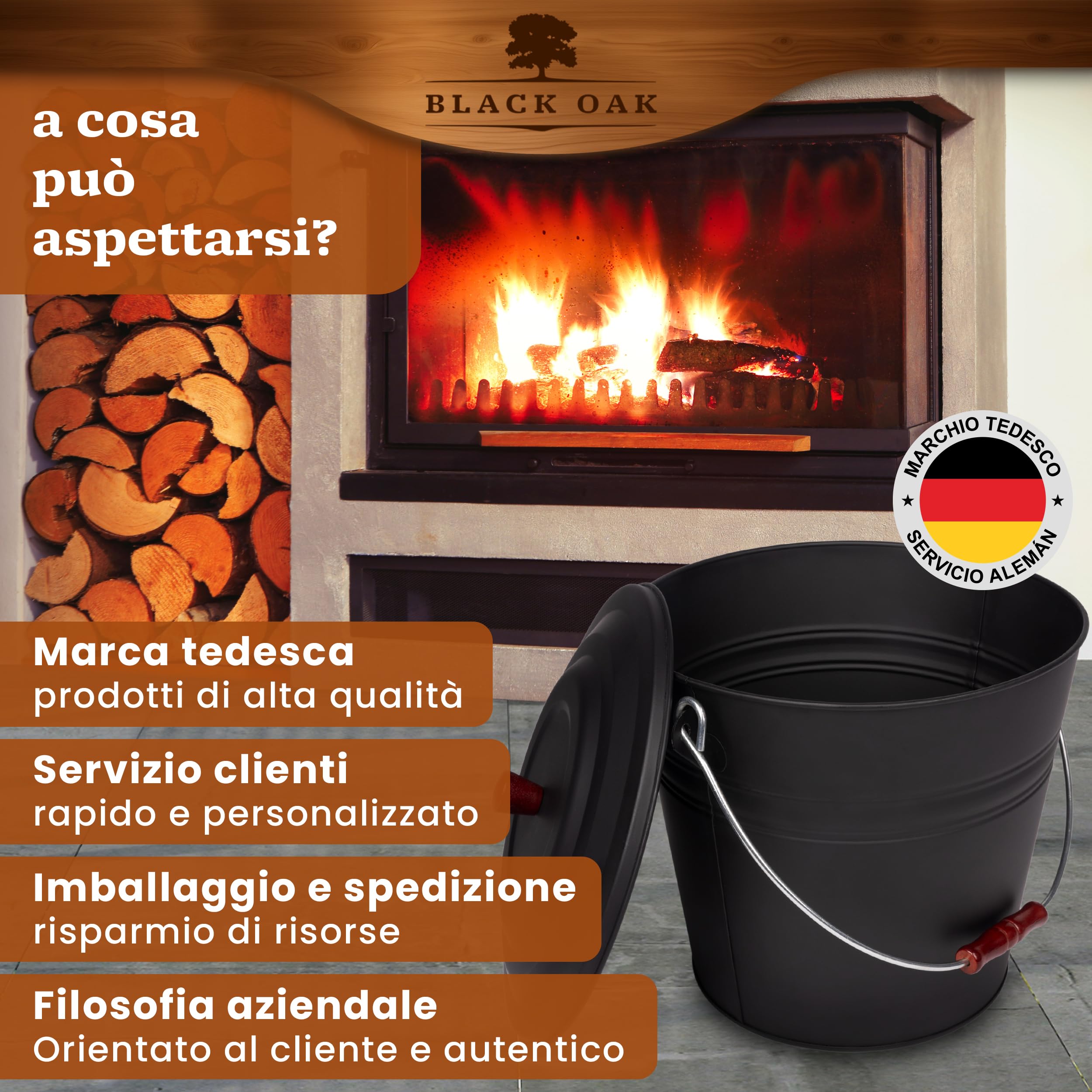 BLACK OAK KATLA - Pattumiera da 15 l, con coperchio in legno, grande, 15 litri, in acciaio zincato a prova di fuoco, verniciato a polvere, per cenere e carbone, accessorio ideale per camino, stufa a