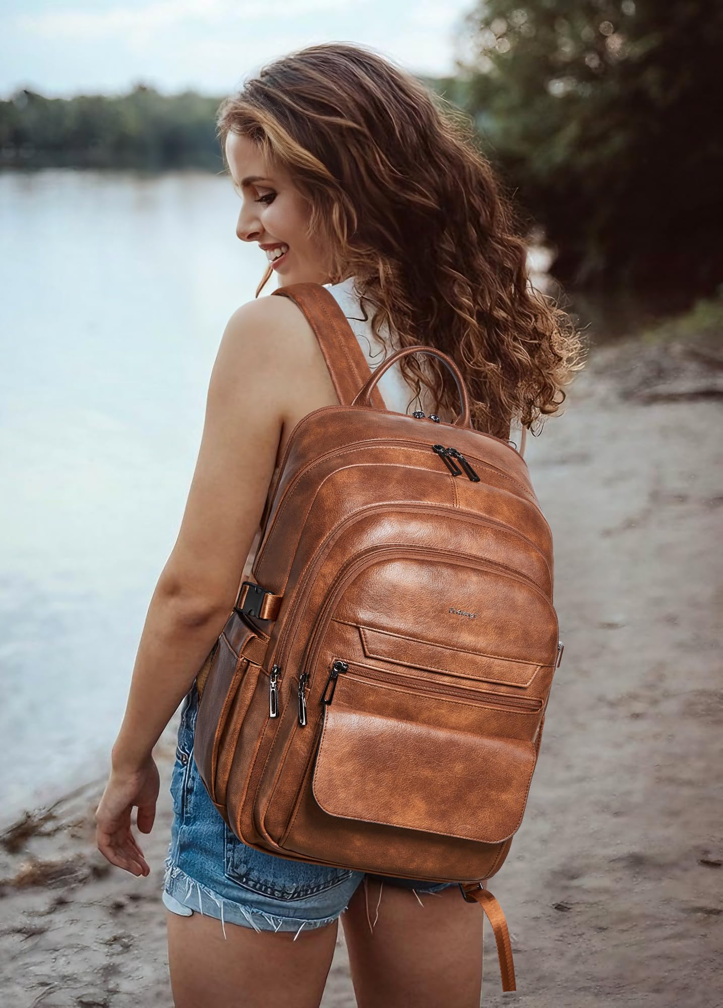 Sac à Dos en Cuir Végan Homme et Femme, Compatible avec Ordinateur 17 Pouces, Bagage Cabine avec Port USB et Sangle Valise, Design Élégant, Brown