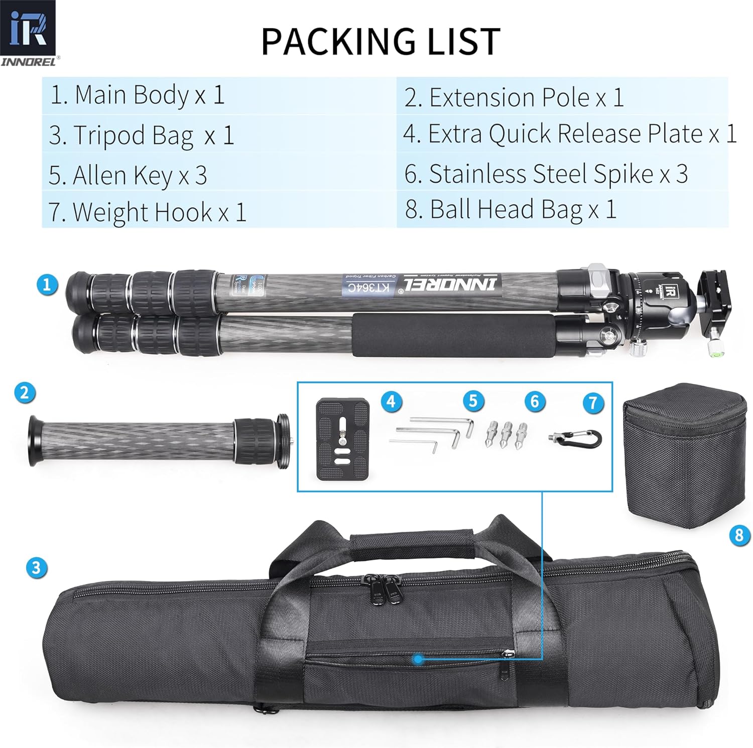 INNOREL 10-Layer Carbon Fiber Compact Tripod KT364C Professional 36mm Tube Heavy Duty Camera Stand for Digital DSLR Video Camcorder with 52mm Low Profile Panoramic Ballhead Center Column Load 30kg