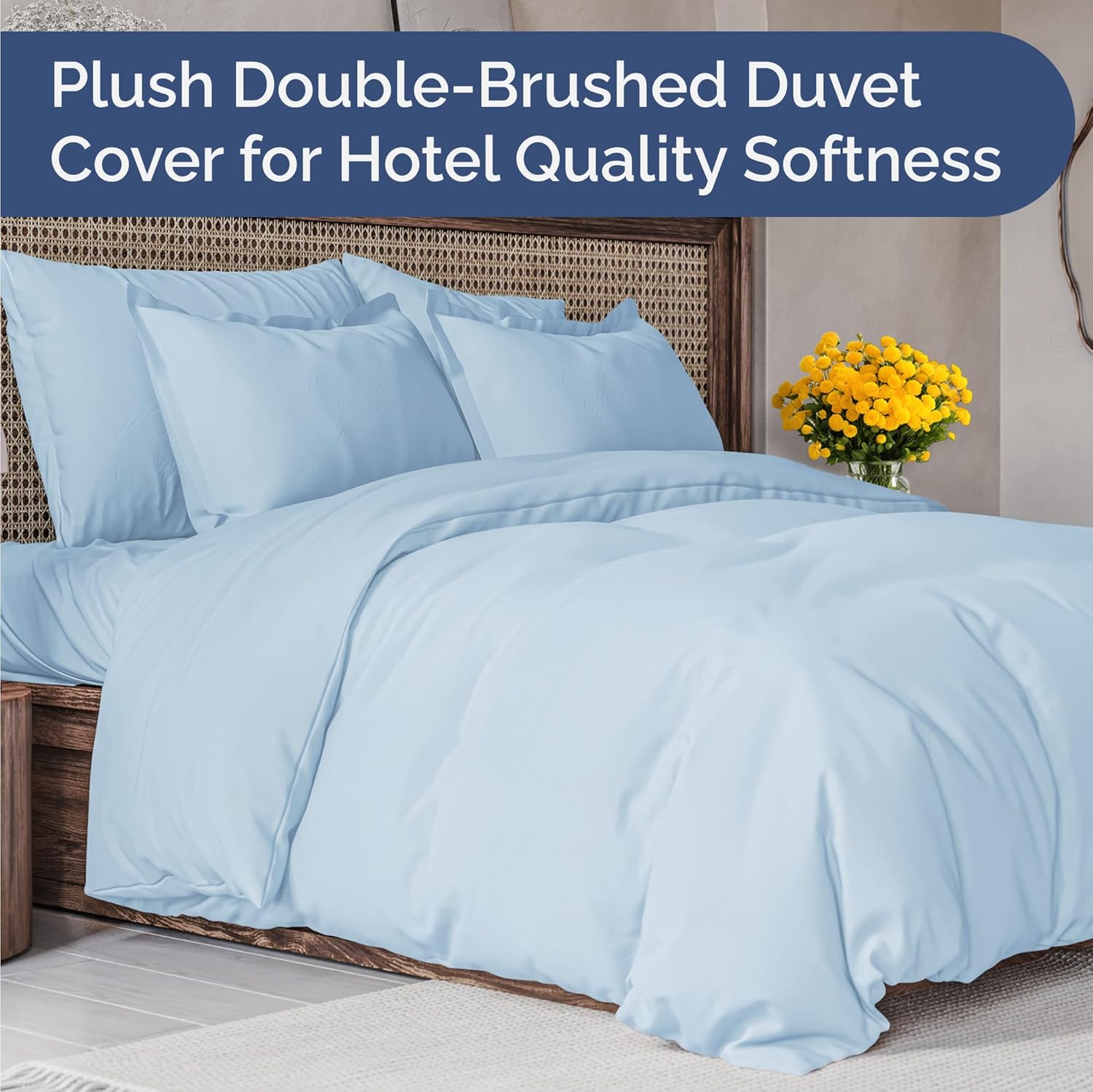 Wrap Around Dust Ruffle Bed Skirt + Duvet Cover Bundle - Light Blue - for King Size Beds with 18 Inch Drop - Elastic Strap - Adjustable Pleated Bedskirt - Wrinkle Free - for Women, Men, Kids & Teens