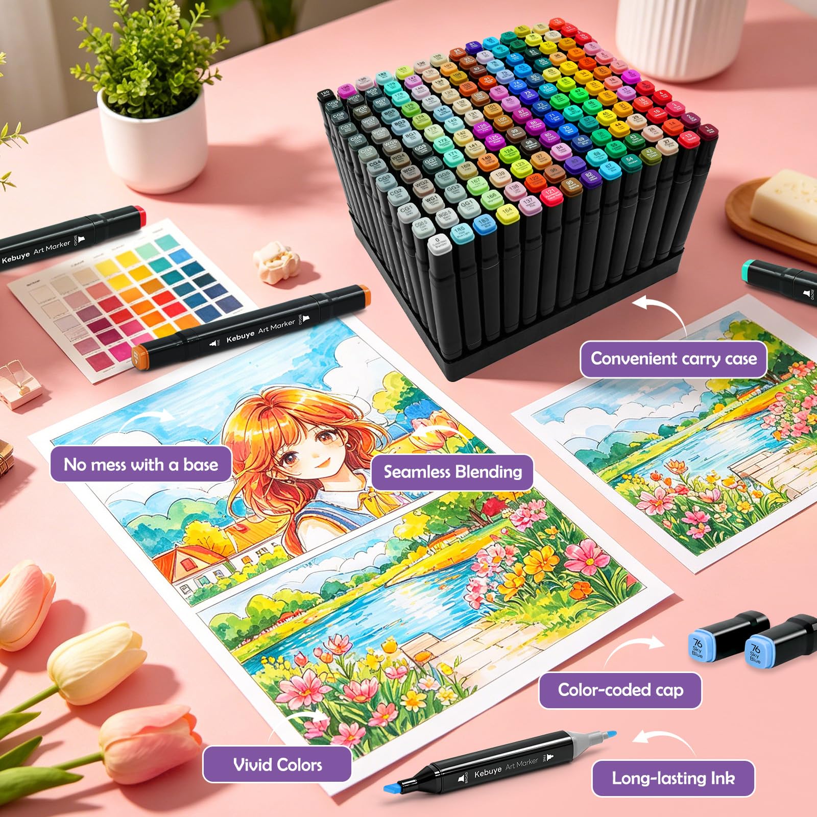 Kebuye Set de marqueurs à alcool - 168 couleurs Marqueurs feutres Twin Tip Marqueurs à alcool avec sacoche de transport pour artistes, enfants, adultes, peinture, dessin, manga, design