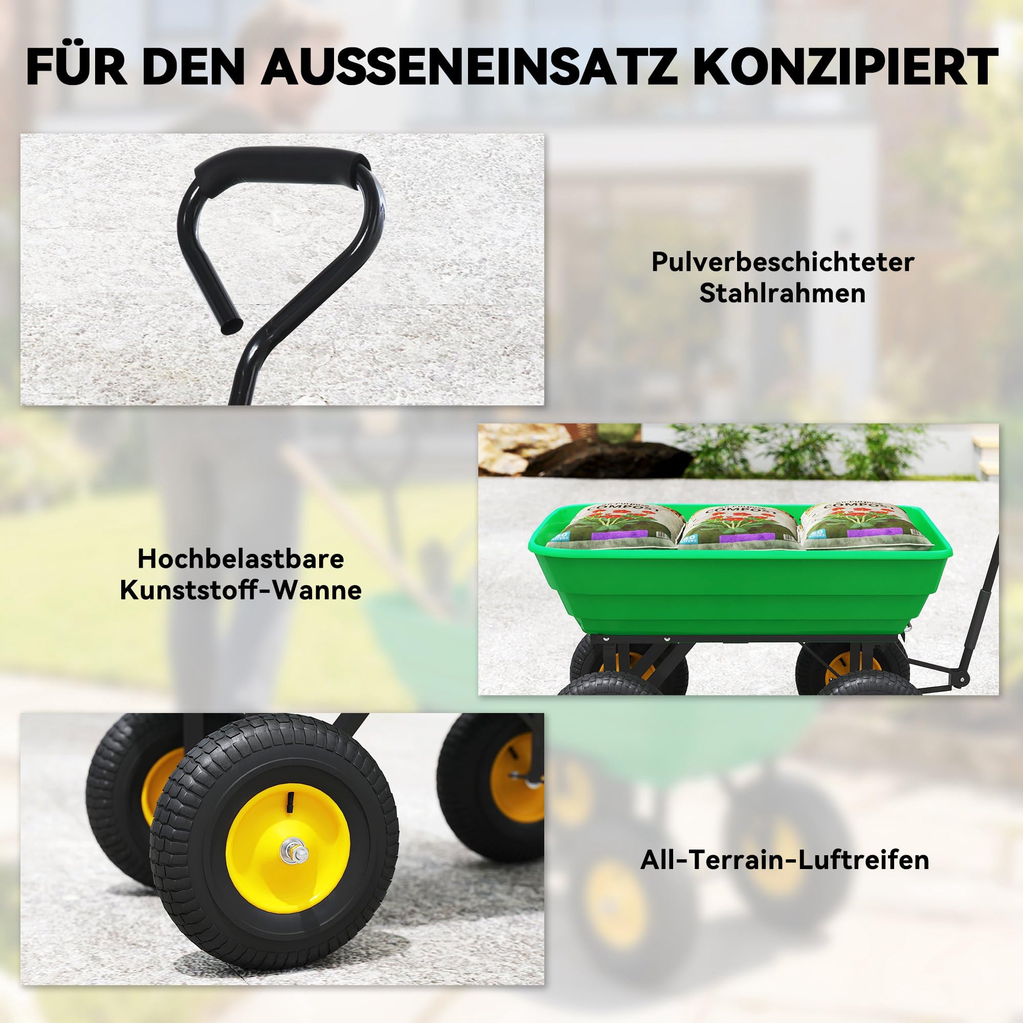 Outsunny Gartenwagen mit Kippfunktion Ziehgriff bis 200 kg Dunkelgrün | Handwagen, 75 Liter Kunststoffwanne, Luftbereifung, Bollerwagen Transportwagen Gartenkarre Dumper, für Gartenarbeit Rasen