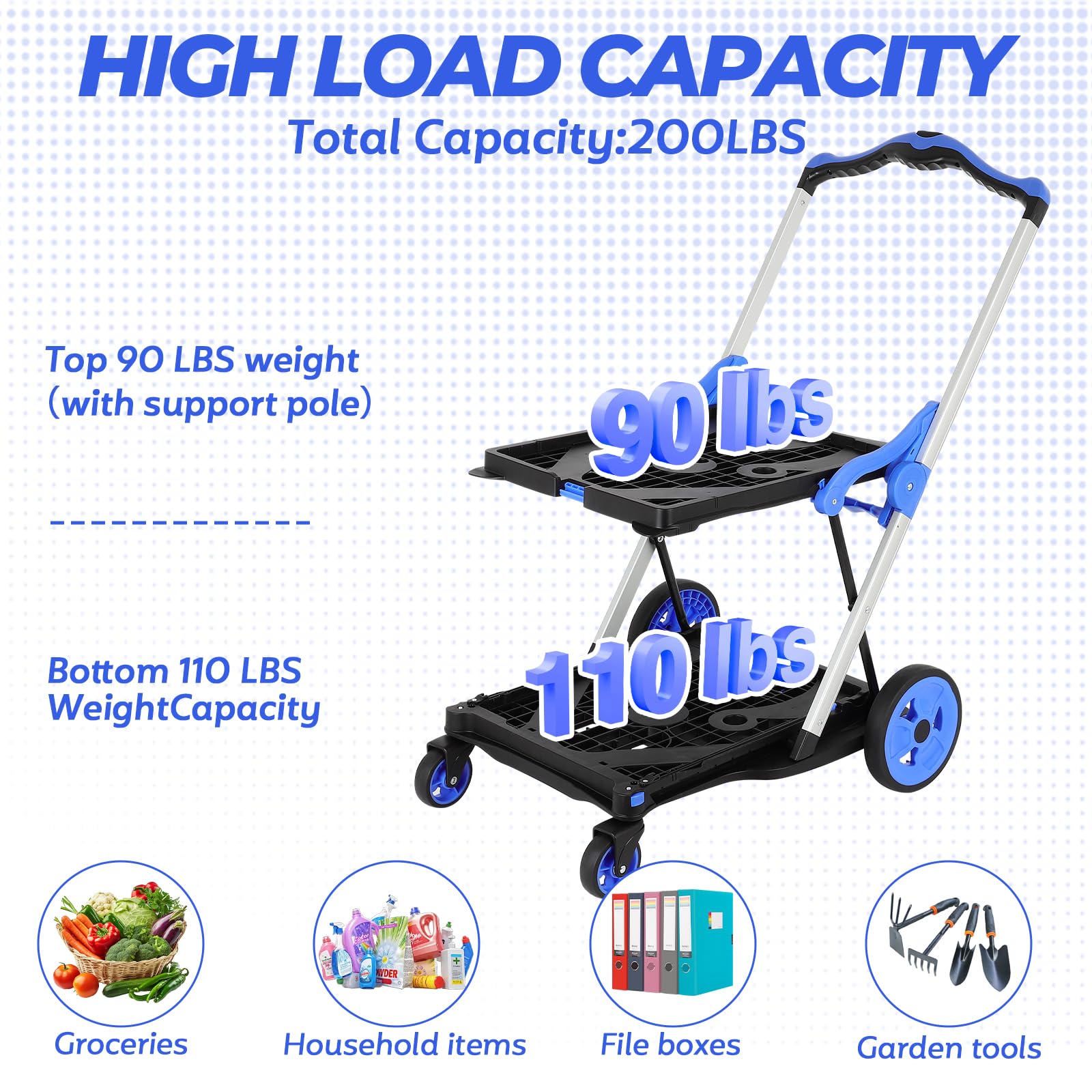 Carrito de compras plegable de 2 niveles con ruedas, capacidad de 200 libras con ruedas con caja de almacenamiento, carretilla de mano de plataforma con freno de pie