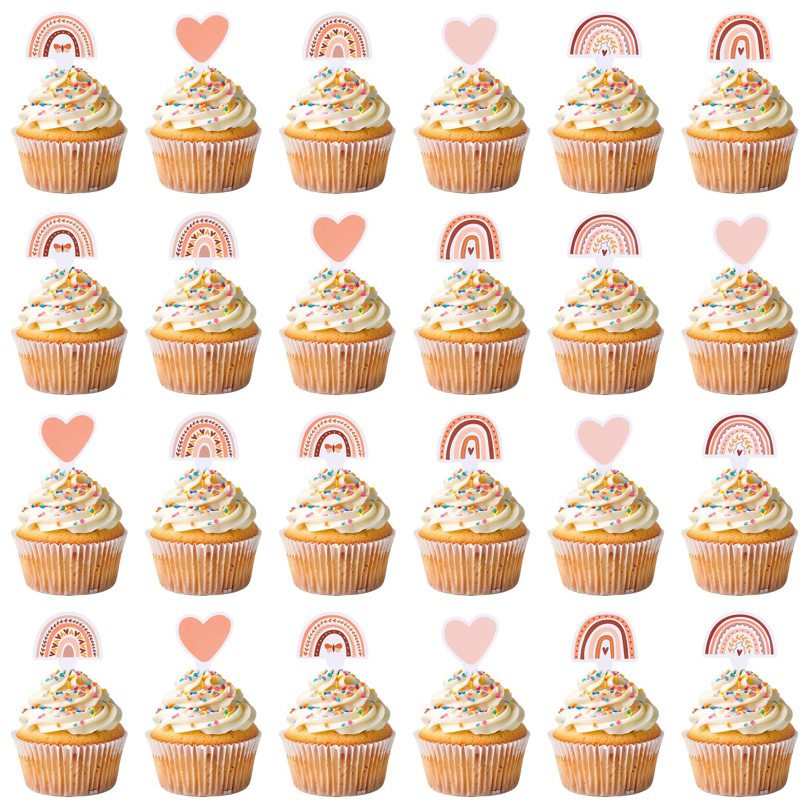 48 Pcs Boho Cupcake Toppers, Rainbow Party Cupcake Toppers Baby Shower Decorations Pampas Grass Cupcake Toppers for Boho Rainbow Birthday Party Decorations