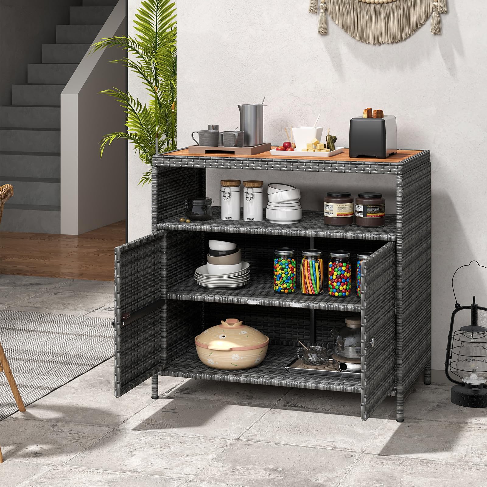 COSTWAY Armoire de Rangement Exterieur en Rotin, Jardin avec Plateau en Bois d'Acacia, Buffet 2 Portes, Gris