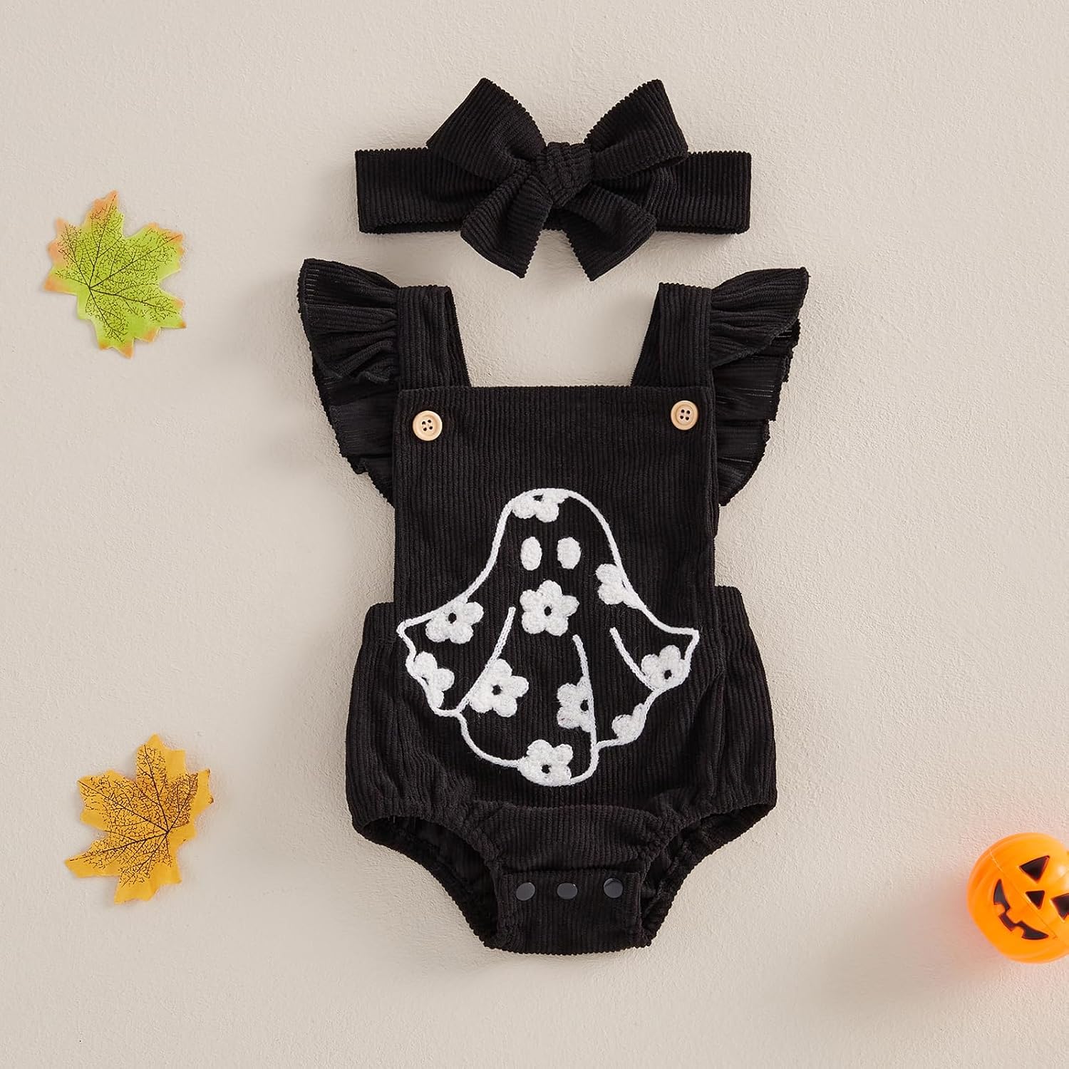 Muasaaluxi Newborn Baby Girl Halloween Outfit Ruffle Fly Sleeve Ghost Embroidery Romper Corduroy Bodysuit Headband 0-18M - Image 2