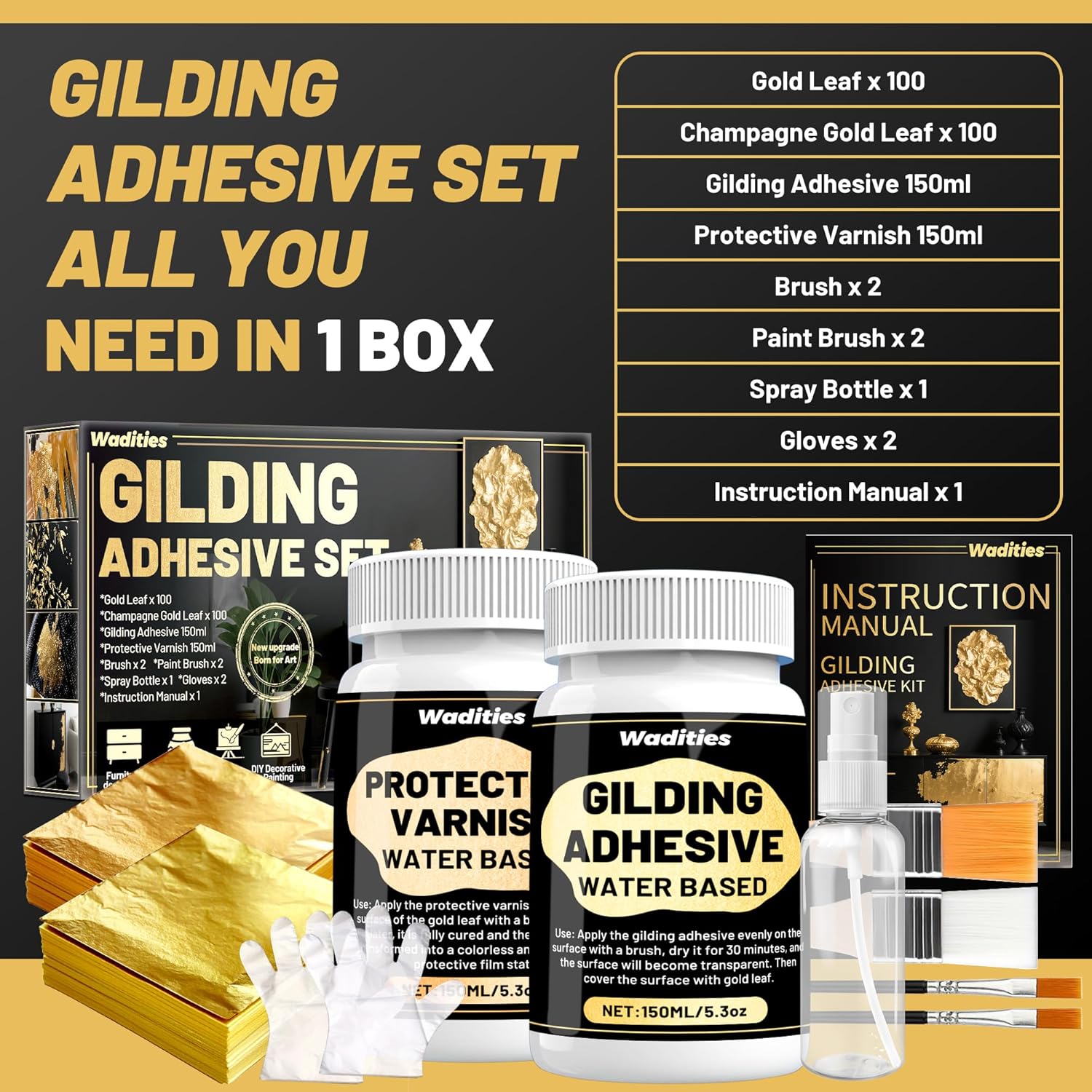 Gilding Adhesive Set, Wadities 5.3oz/150ml Water Based Adhesive and Varnish, 100 Gold Leaf Sheets and 100 Champagne Gold Foil for Furniture & Art Crafts Decoration, DIY Decorative Painting