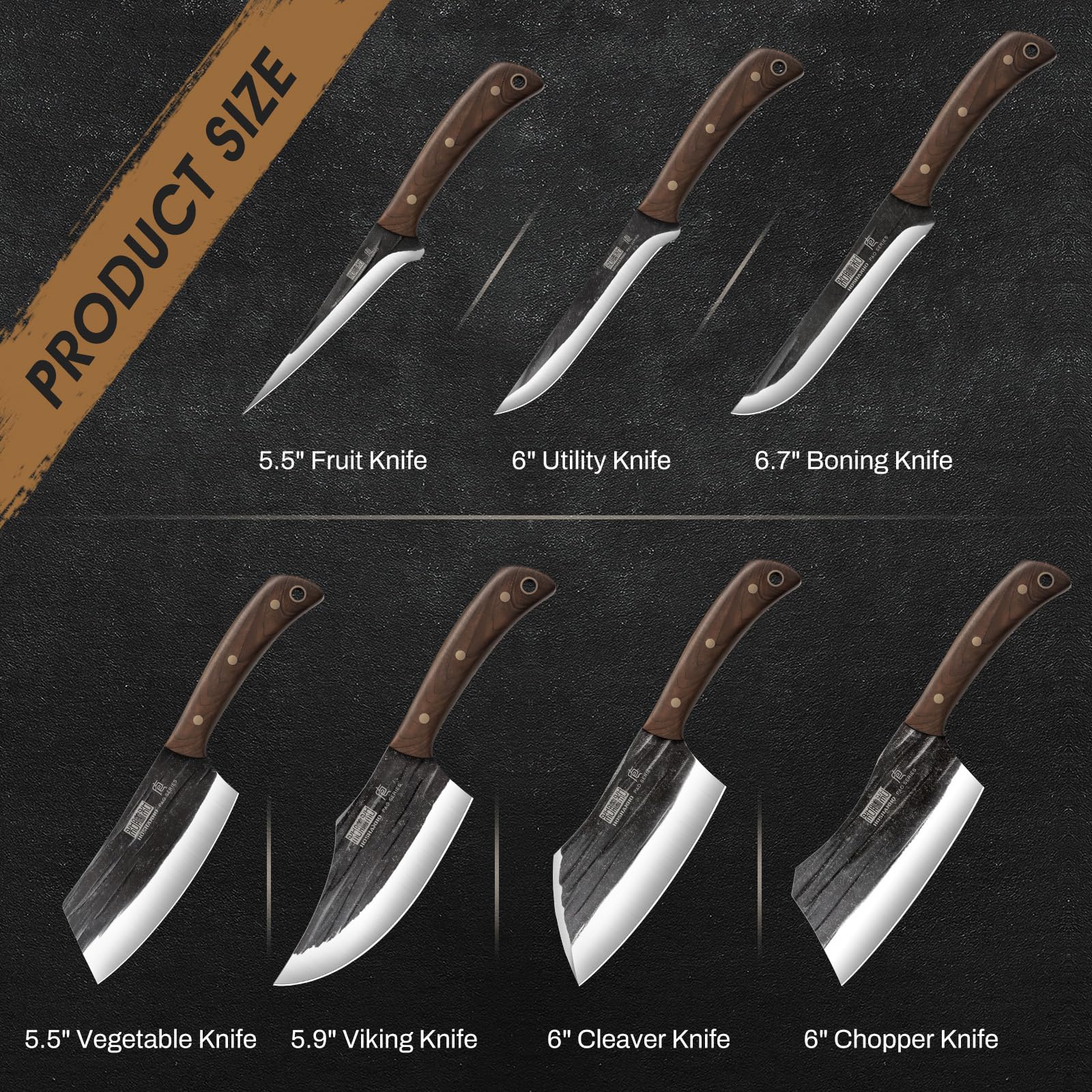 HOSHANHO Metzgermesser Set, Metzger Küchenmesser Set mit Messertasche | Handgeschmiedetes Fleischmesser, Knochenhackmesser und Filetiermesser für Zuhause, Camping und BBQ, Geschenk für Männer