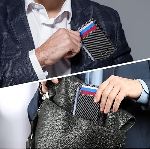 Miniatura 6 de Travelambo Cartera delgada de cuero minimalista con bolsillo frontal RFID que bloquea la textura de fibra de carbono Azul  Patchwork talla única