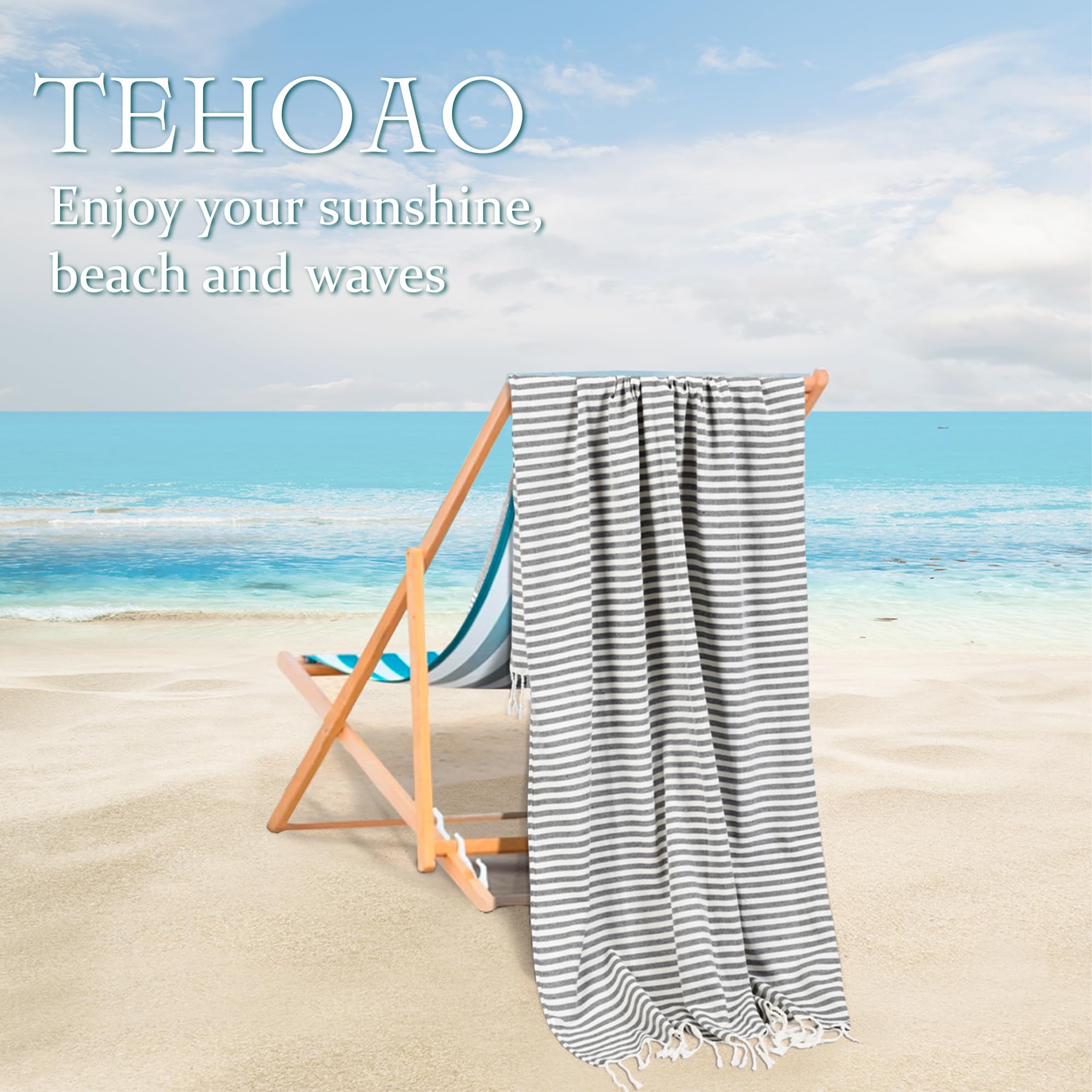 Volope Turkish Beach Towel 39x71 Inches - 100% Cotton Oversized Striped Fast-Dry Sand Free Towel