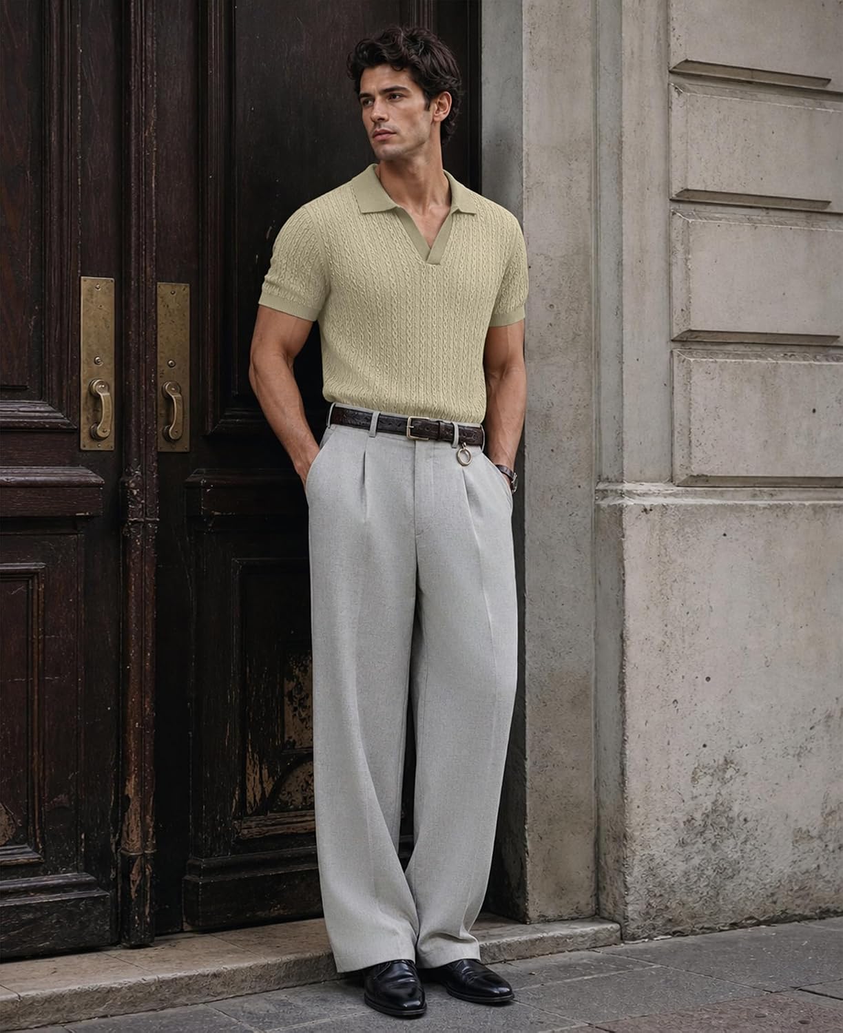 Susclude Mens Old Money Knit Shirts Textured Short Sleeve V Veck Polo Sweater Casual Collared Pullover Stretch Shirt Summer image 3