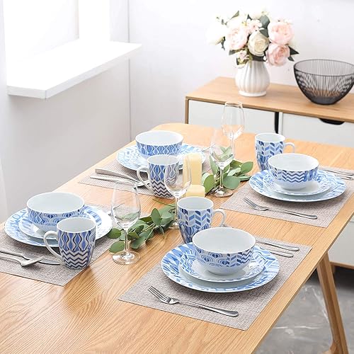 Miniatura 7 de Veweet - Vajilla de porcelana de 16 piezas - Juego de platos con plato extendido, plato de postre, plato hondo y taza - para fiestas, banquetes,