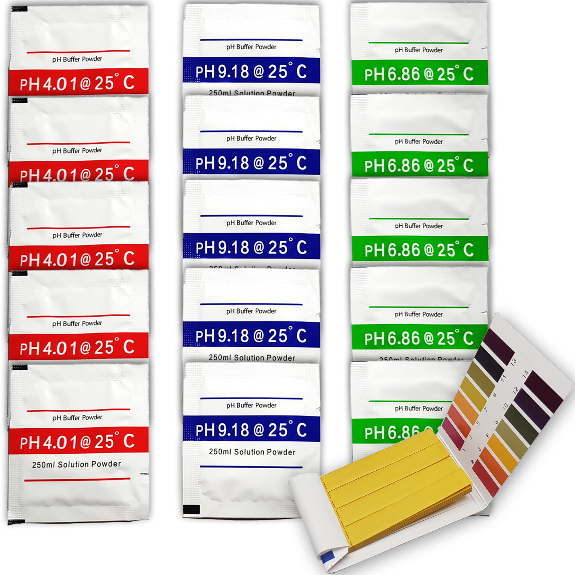 15 x proszek kalibracyjny + paski pH | miernik pH 4,00 | 6,86 | 9,18, proszek kalibracyjny pH, kalibracja roztworu buforowego pH dla dokładnych wyników, 5 zestawów po 3 roztwory
