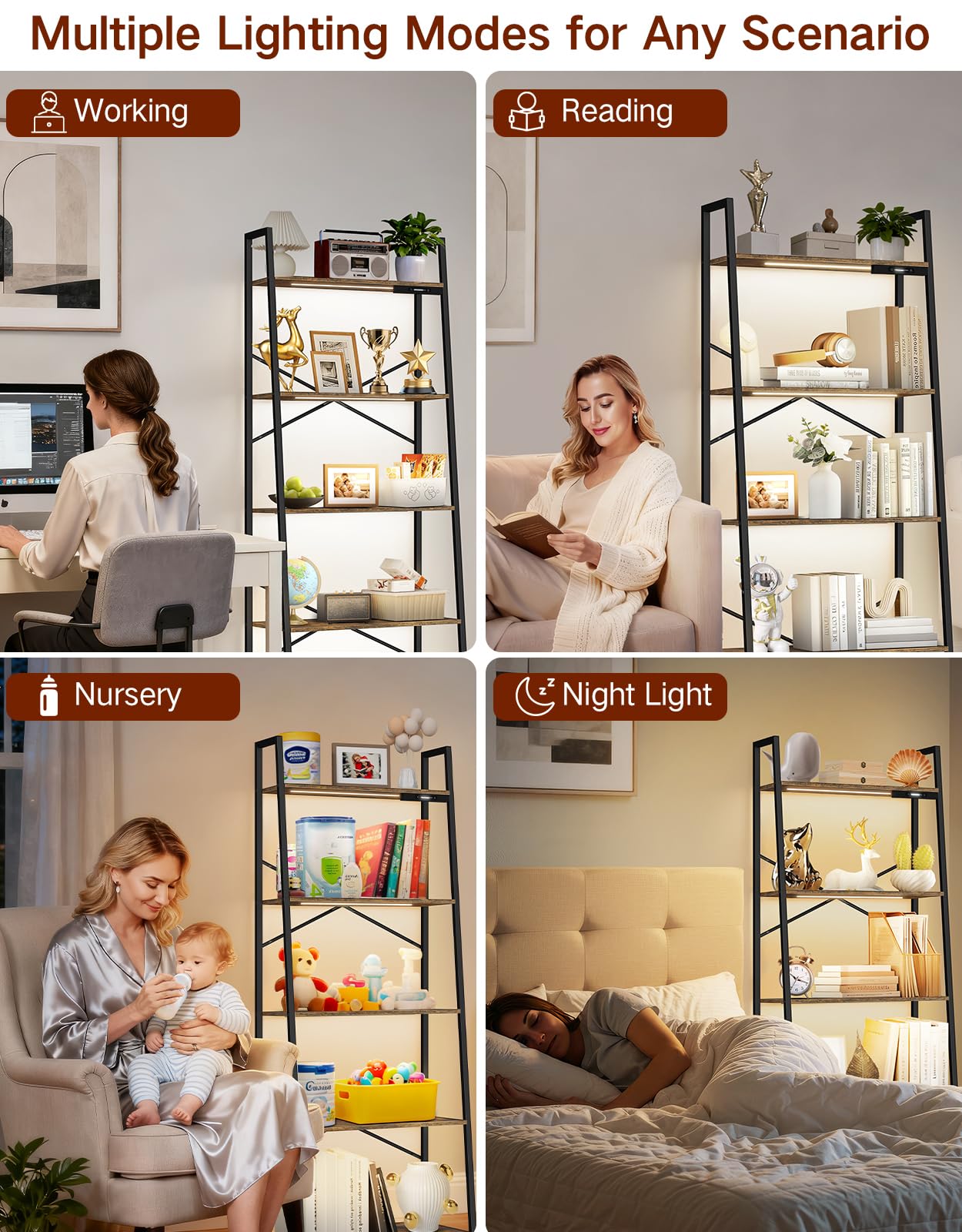 Estantería de Escalera Ancha de 5 Niveles con Luces LED, Control Táctil y Remoto, 3 Temperaturas de Color, Librería Esquinera Alta Regulable de Metal y Madera para Salón y Dormitorio