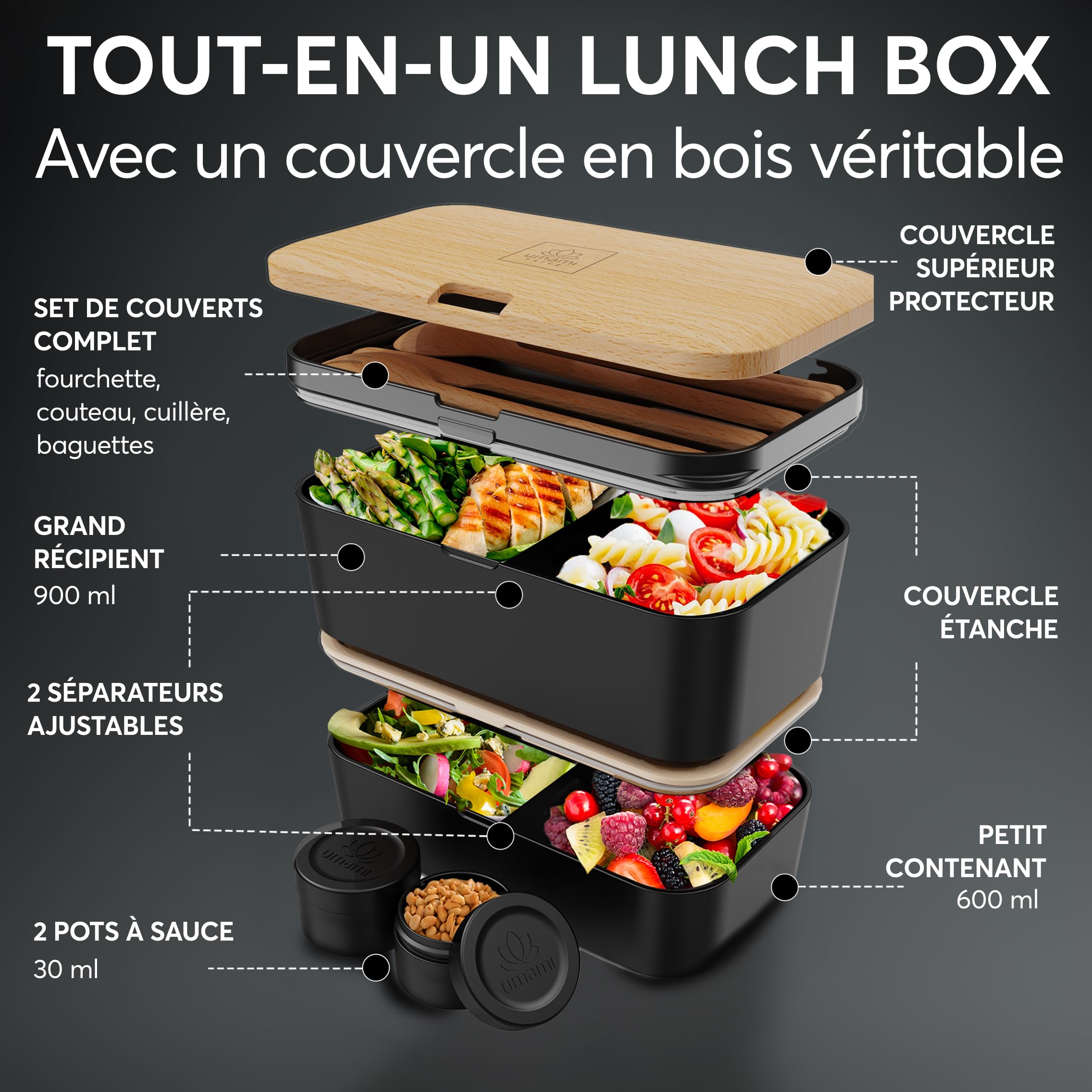 Umami Bento Lunch Box, Couverts & 2 Pots à Sauce Inclus, Boîte Repas Encastrable, Lunchbox Micro-Ondable, Boîte à Lunch Adulte Compartimentée, Bento Box, Hêtre Noir, 1500 ml