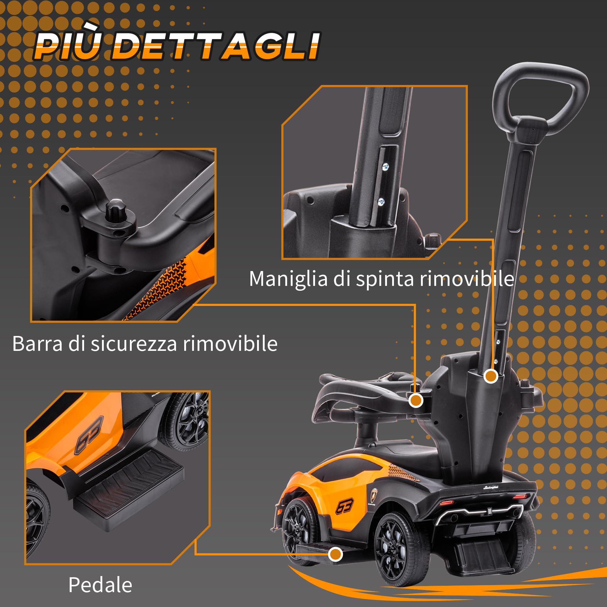 AIYAPLAY Lamborghini Macchinina per Bambini 2 in 1 con Maniglione e Barriera di Sicurezza, Volante e Clacson, Auto per Bambini in PP e Metallo, 86.5x40x89.5 cm, Arancione e Nero