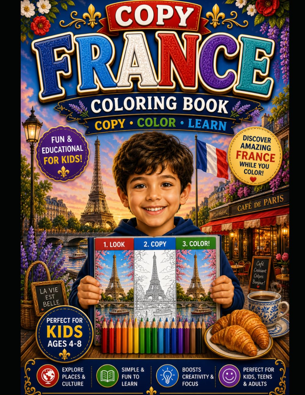 France Coloring Book: Fun and Easy Desings of Paris, Lanmarks, Food and Culture for Kids and Adults
