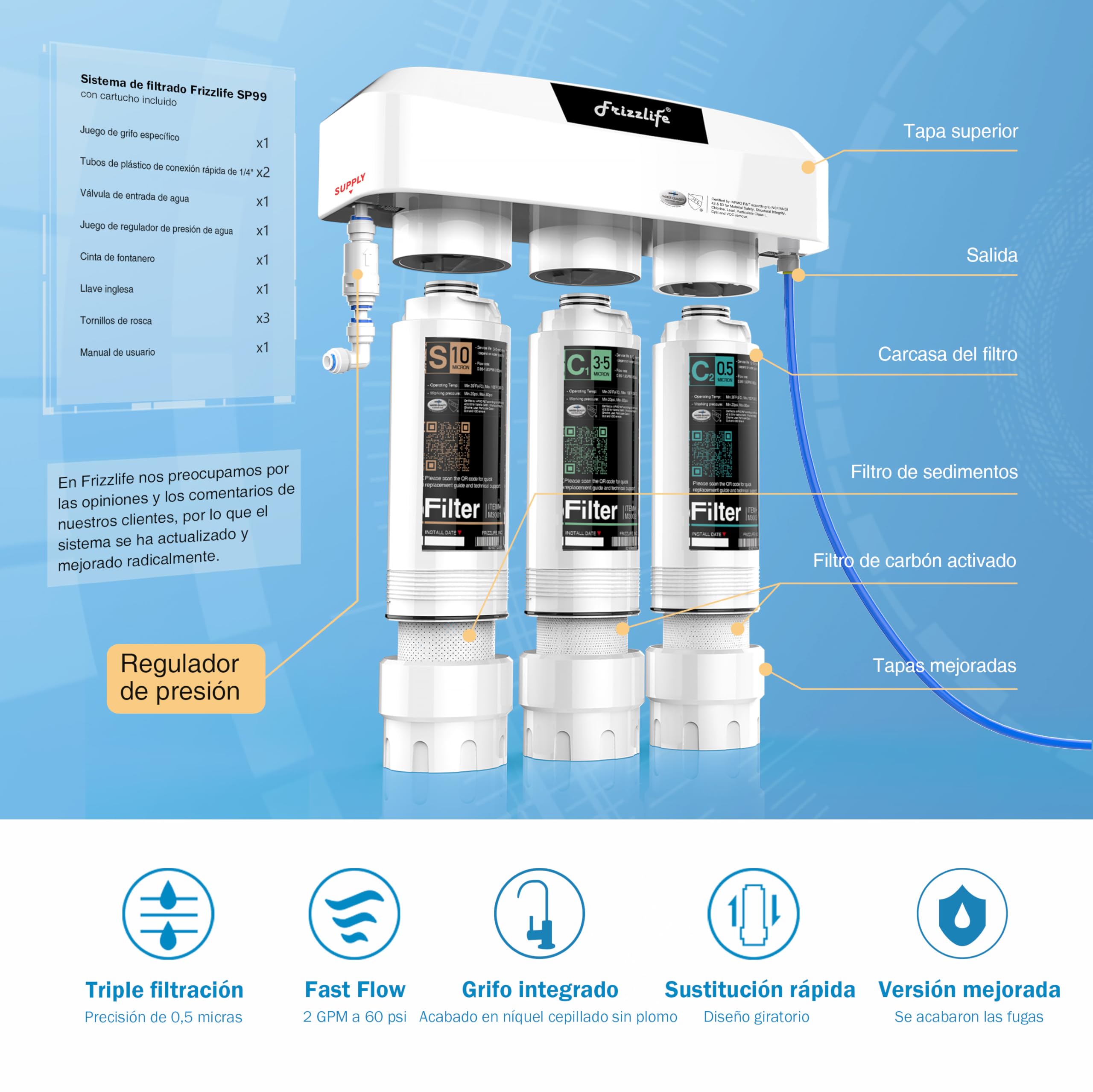 Frizzlife filtro de agua bajo fregadero, certificado NSF/ANSI 53/42/372, filtración 0,5 micras de 8 capas reduce PFAS, PFOA/PFOS, cloramina, plomo y cloro, grifo niquelado, SP99