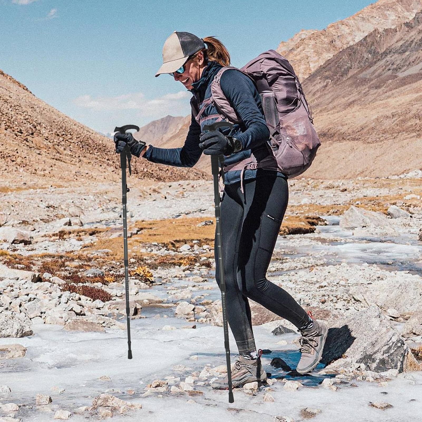 Bastoni da trekking, 2 telescopici, manico a T retrattile, con 10 e custodia, per viaggi in zaino