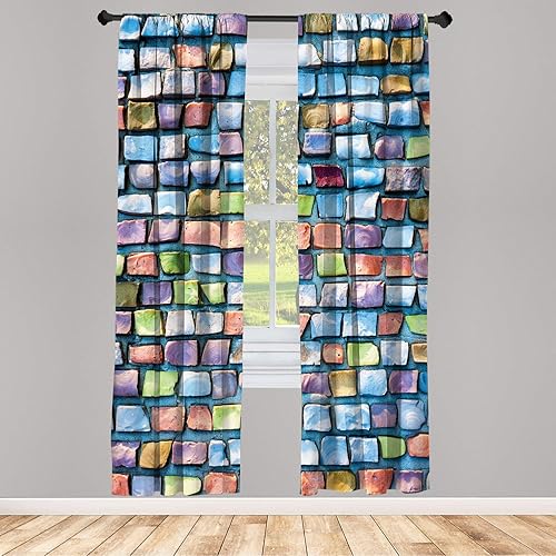 Miniatura 30 de Ambesonne Cortinas abstractas para ventana, patrón de encaje ornamental con formas de floración floral, arte clásico de estilo medieval, juego de 2