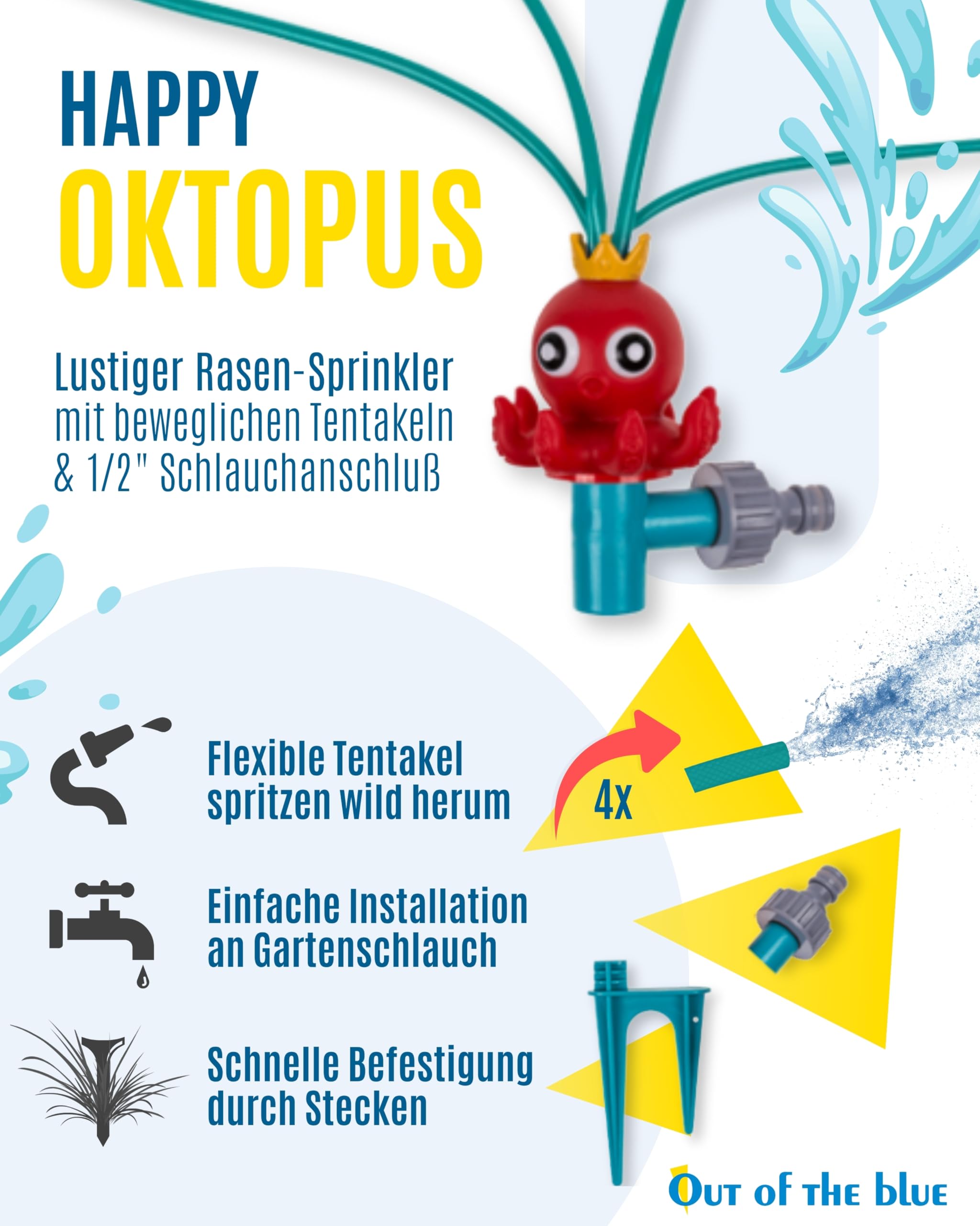 Out of the blue Happy Octopus Rasensprinkler - Wasserspielzeug mit beweglichen Sprüharmen - 11 × 8 × 21 cm Sprinkler inkl. Schlauchanschluss & Geschenkverpackung - Für Kinder & Erwachsene